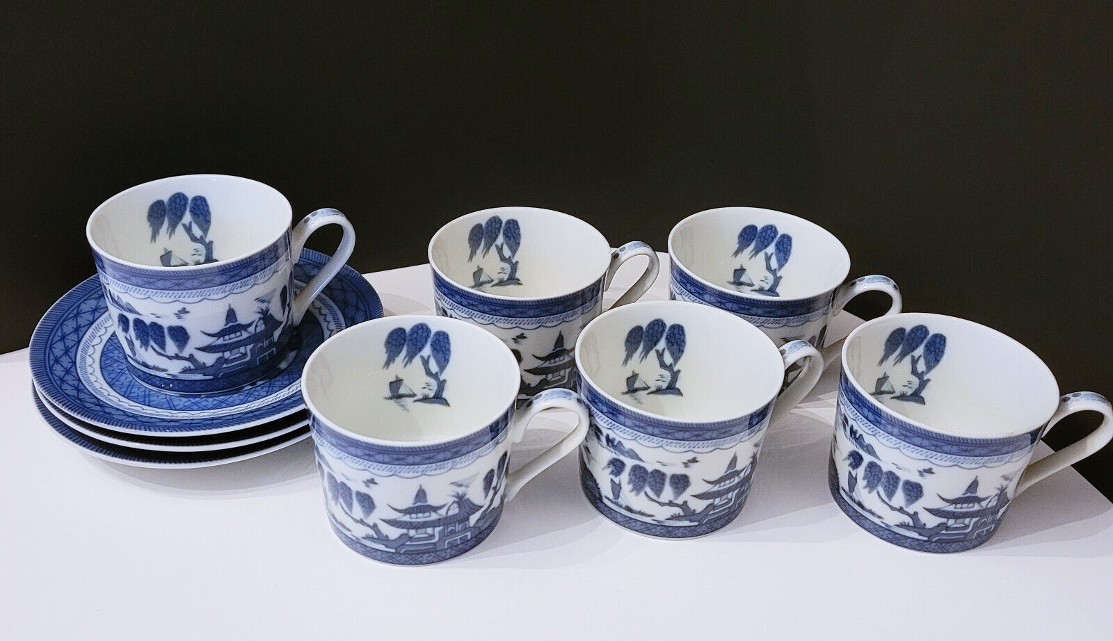 Ching the Toscany Collection Japan Canton Blue 6 Coffee Flat Cups and 3 Saucers