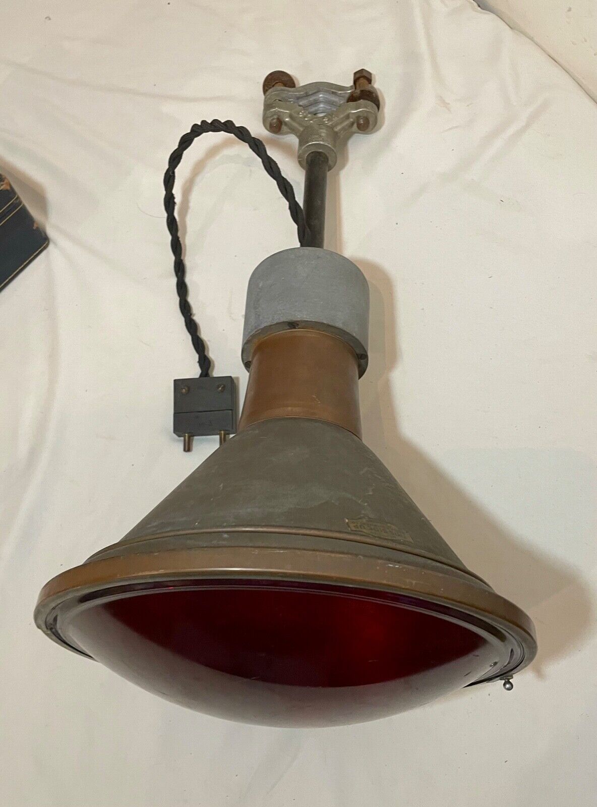 rare large Major Equipment Co. industrial red glass brass flood lamp light