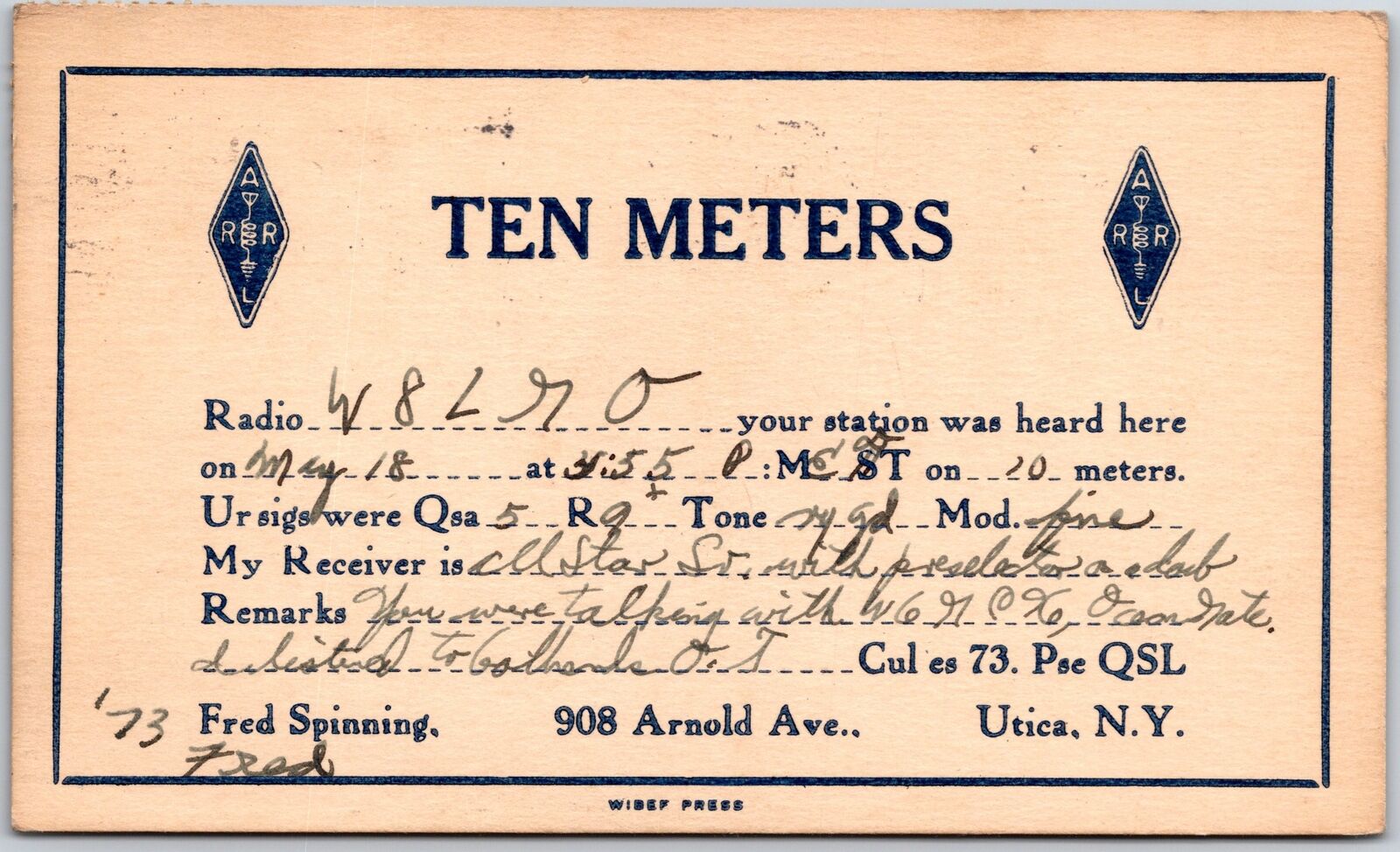 1937 QSL Radio Card Code W8LMO 10 m Utica NY Amateur Station Posted Postcard
