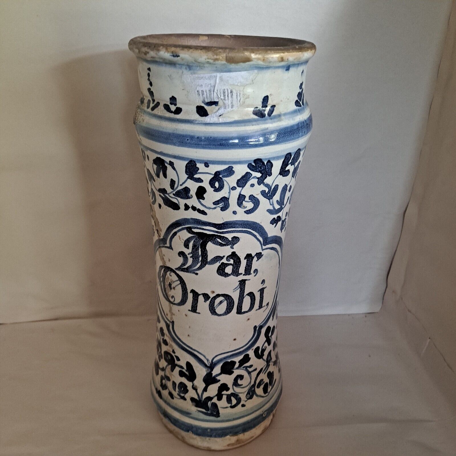 Vintage Ita 18th C. Majolica Blue And White Albarello Tall Vase (Far Orobi)