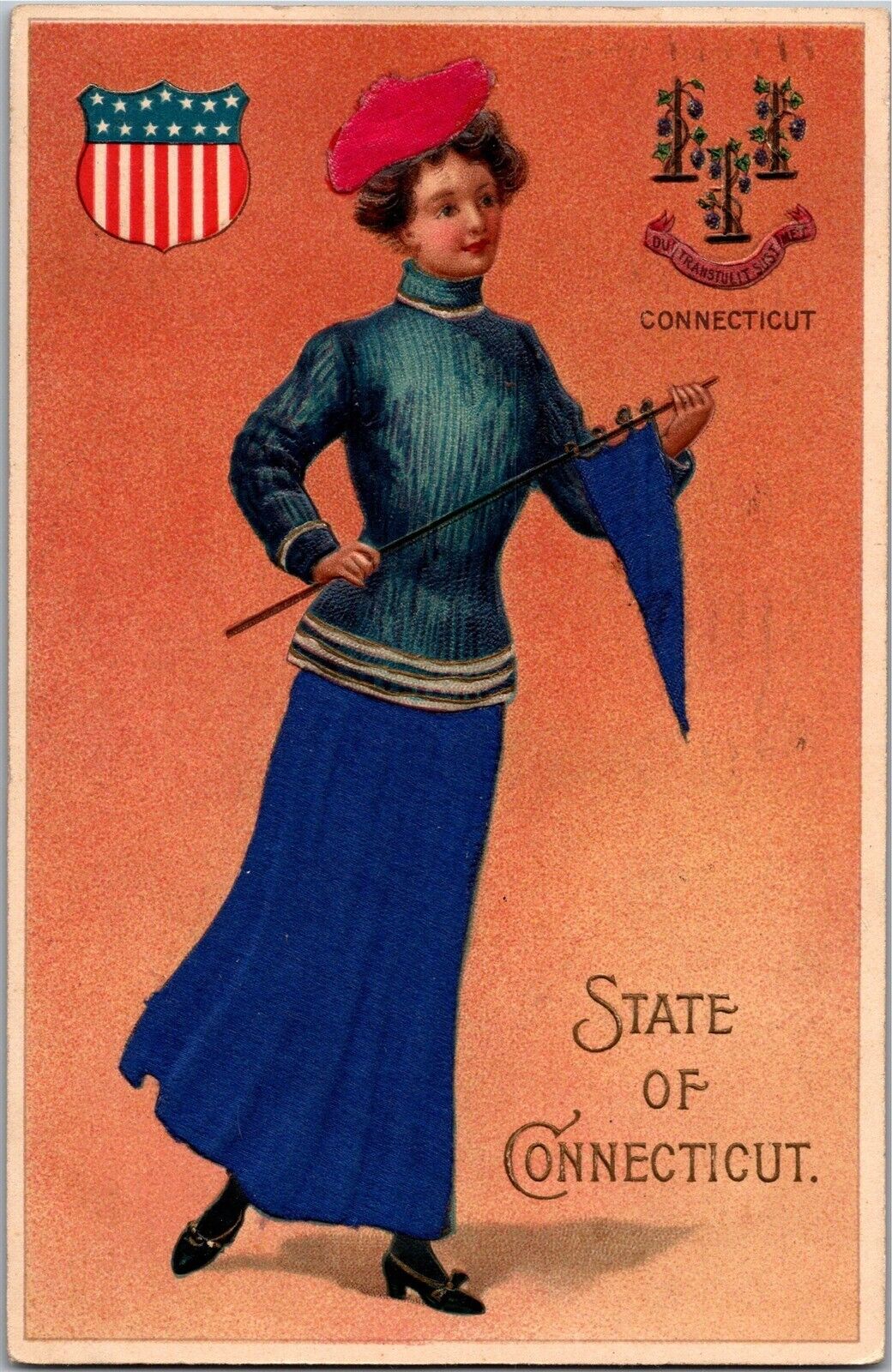 Connecticut, Lady with Silk Hat, Pennant, Skirt Embossed c1908 Vtg Postcard Q05