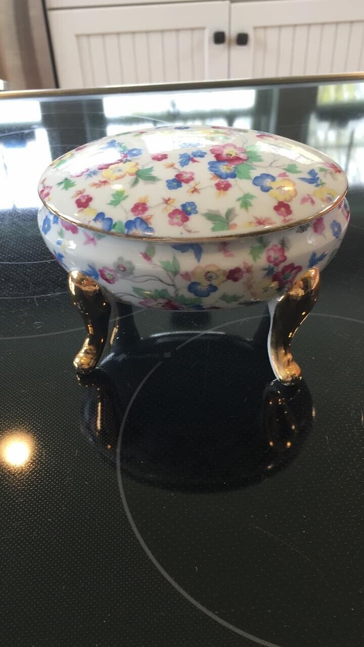 Limoges France Chintz Oval Footed Trinket Dish W/ Lid