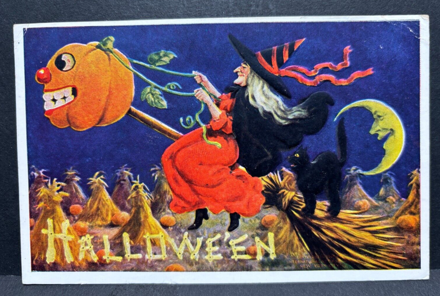 Halloween Postcard Witch On JOL Broom Black Cat Int. Art Co.~ 1910