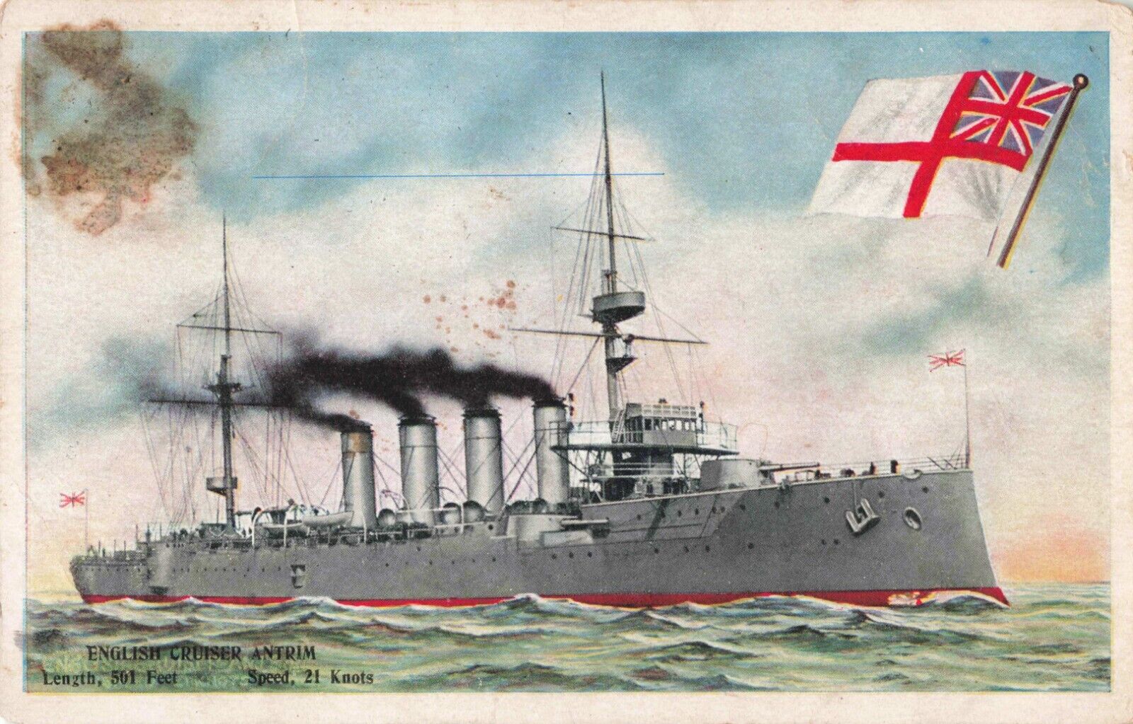 English Cruiser Ship Antrim & Flag, Vintage Postcard