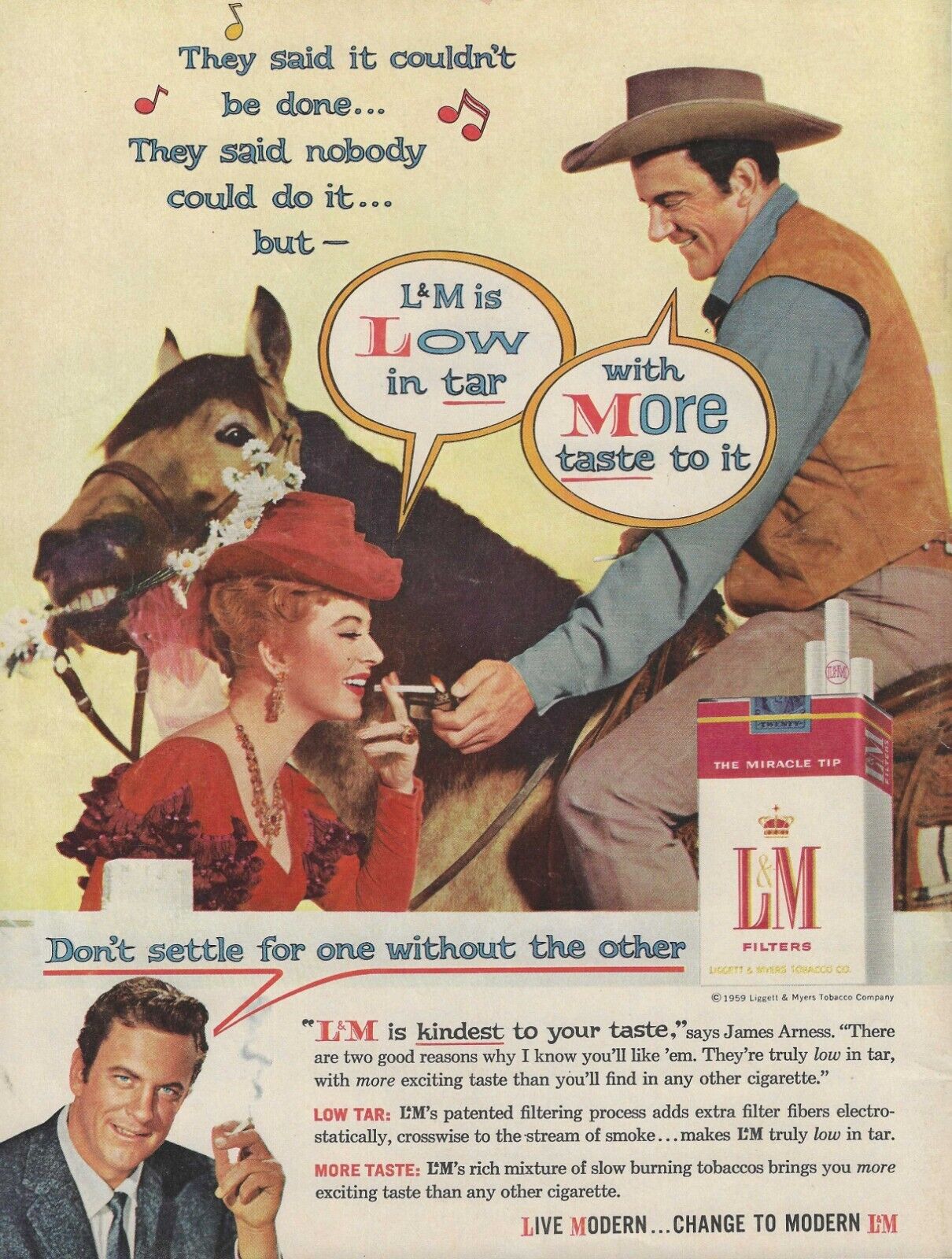 1959 L&M Filtered Cigarette Vintage Magazine Ad James Arness Gunsmoke Tobacco 59