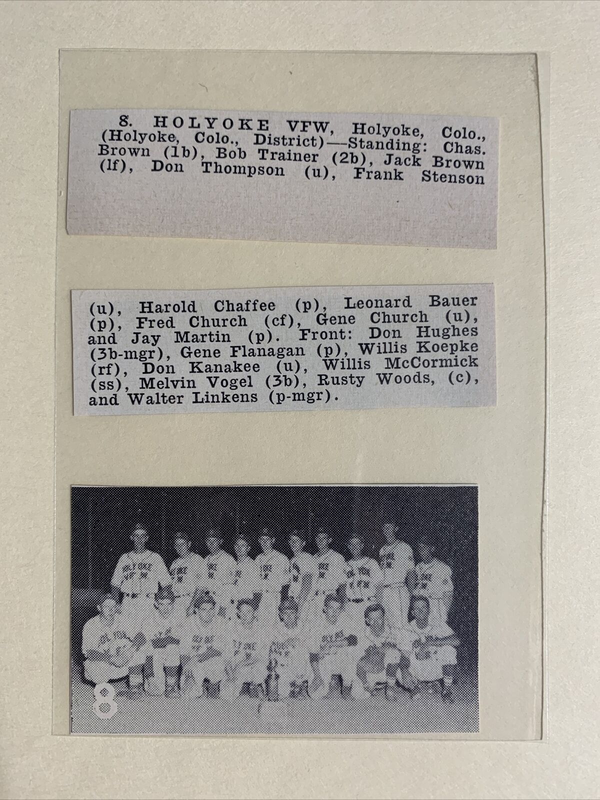 Holyoke VFW Colorado 1952 Baseball Team Picture