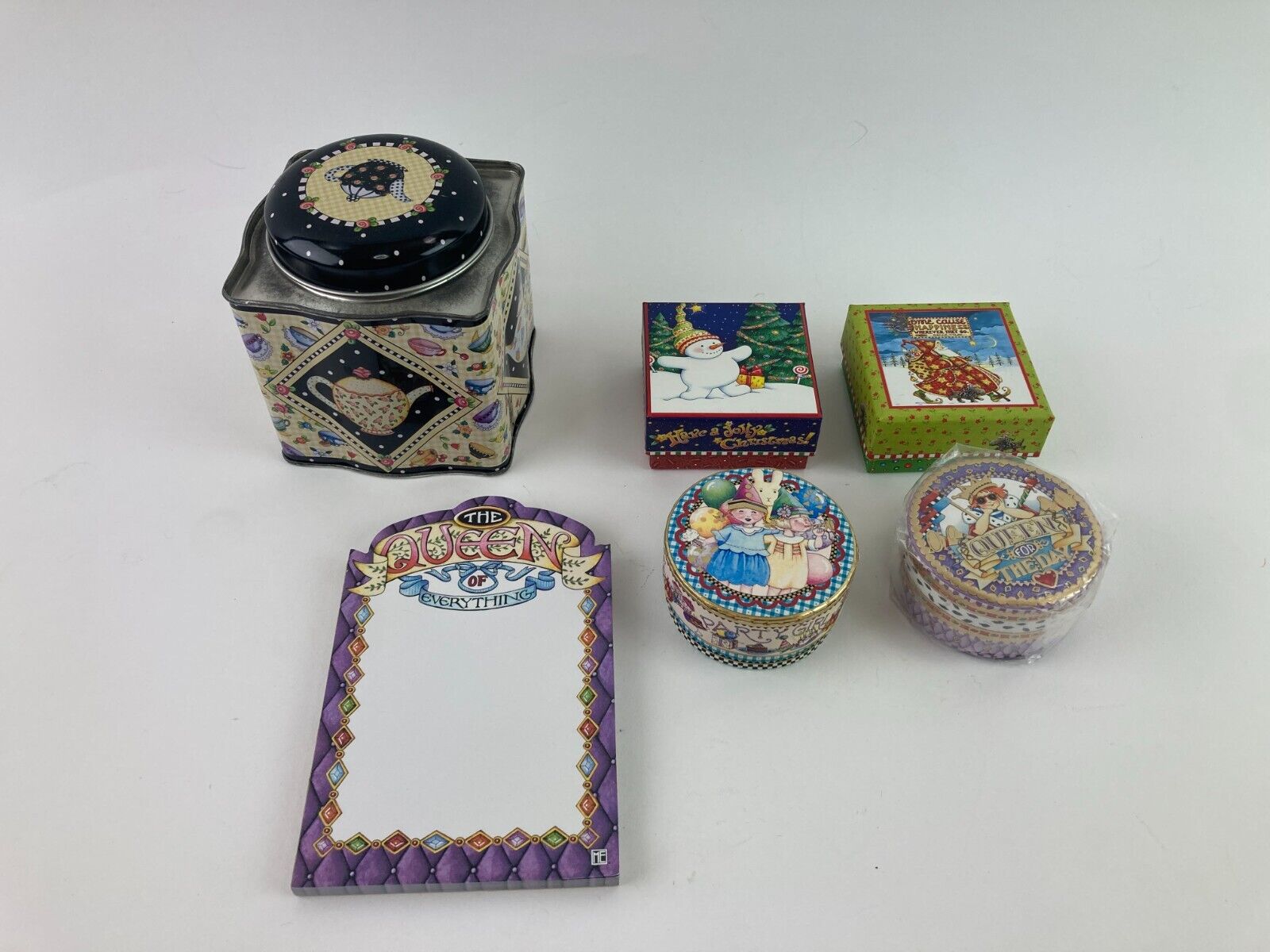 Mary Engelbreit Lot Mini Trinket Cardboard Boxes Tin Teapot Tea Canister Notepad