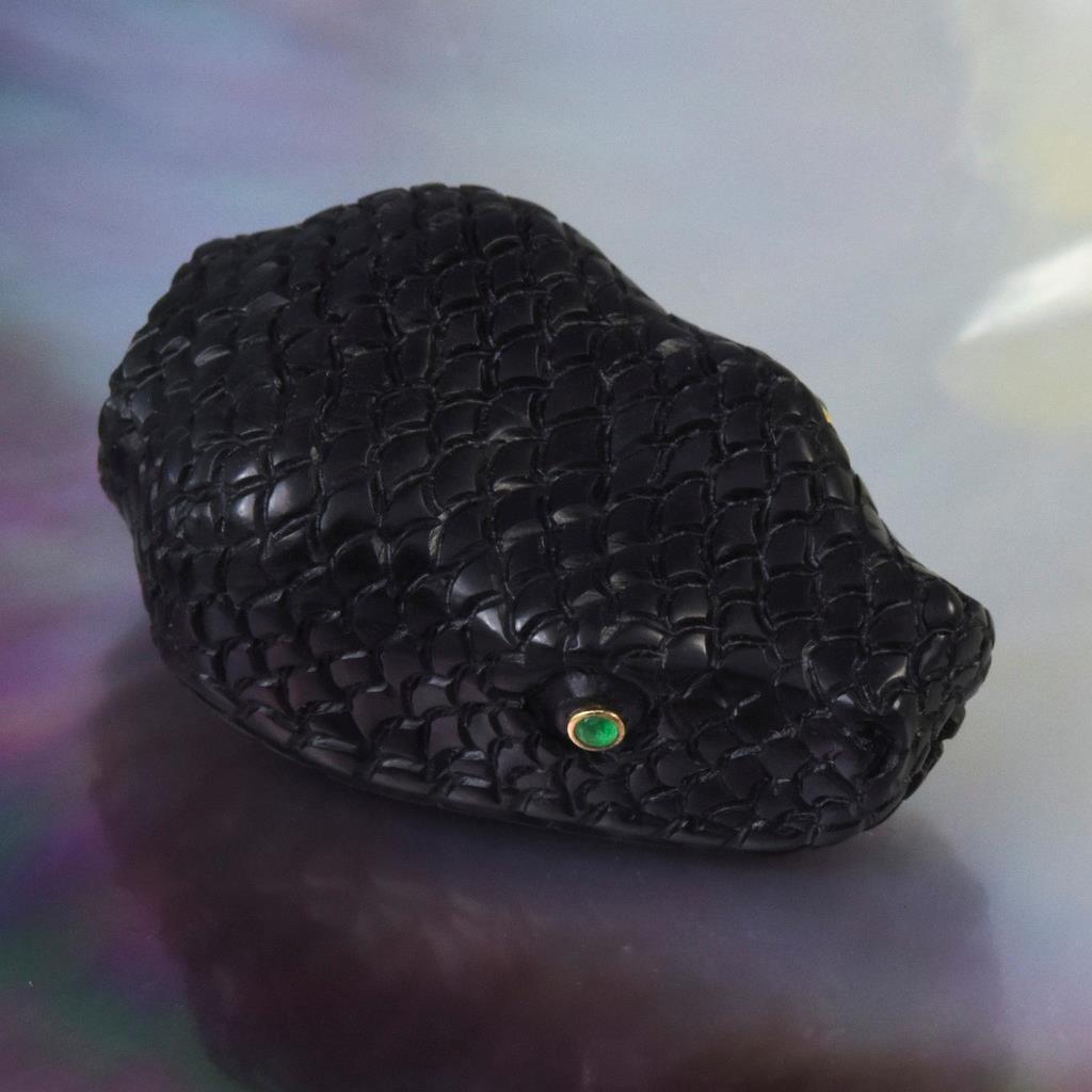 Black Nephrite Jade Snake Head Bead 31.80 mm Carving Emerald Eyes 13.43 g