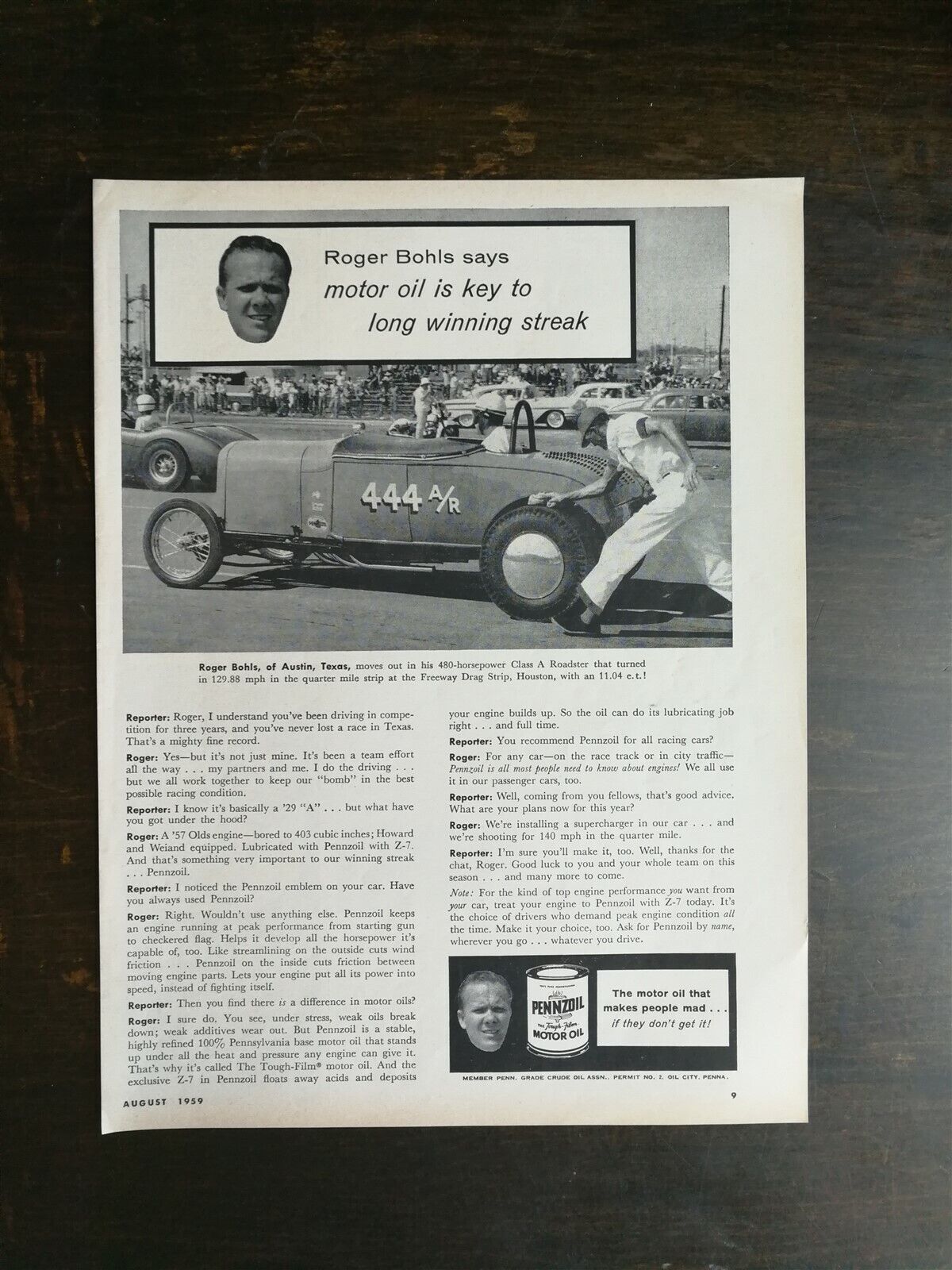 Vintage 1959 Pennzoil Motor Oil Roger Bohls Full Page Original Ad