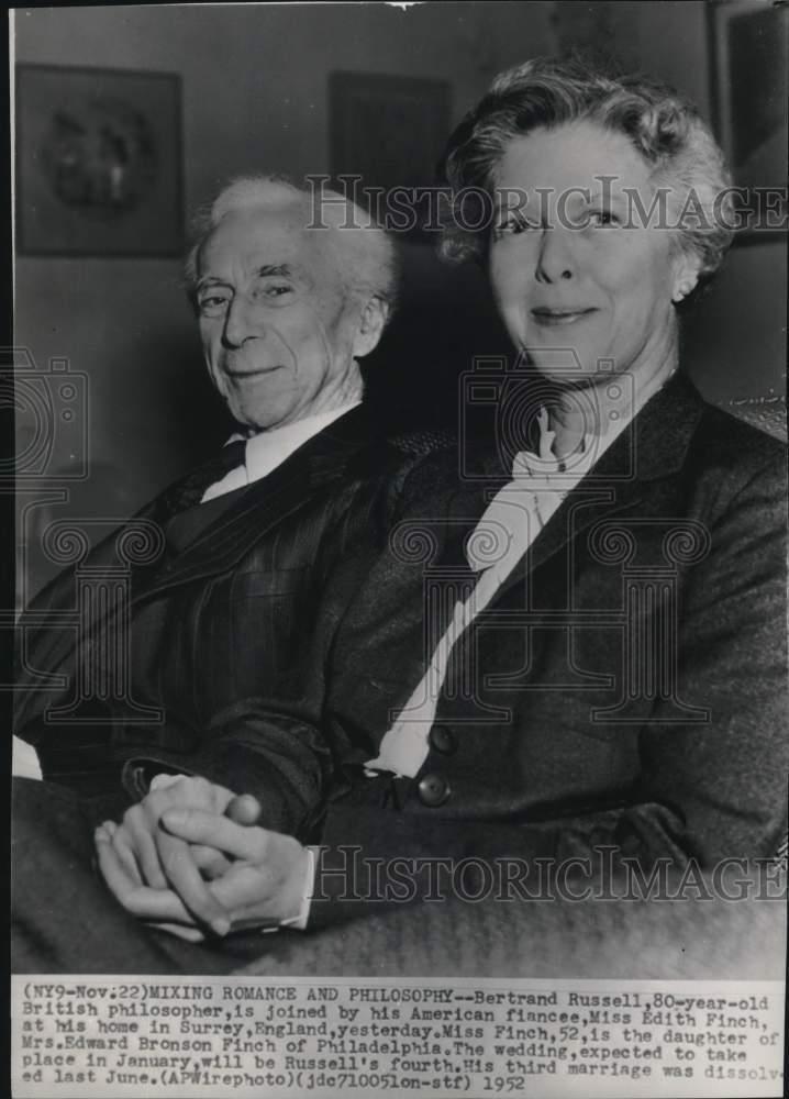 1952 Press Photo Philosopher Bertrand Russell & fiancee Edith Finch in England