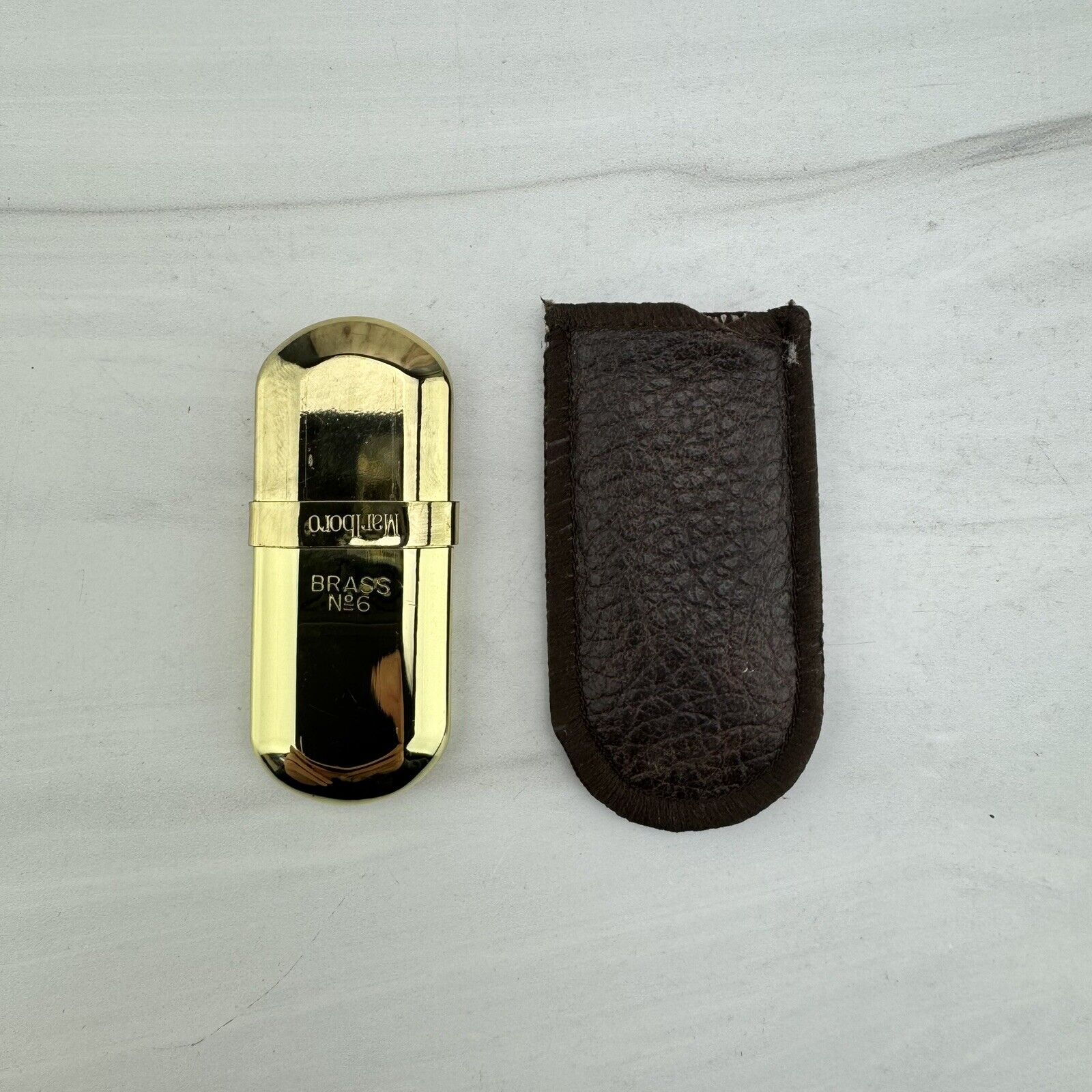 Vintage MARLBORO Brass No. 6 Lighter with Leather Sleeve Case