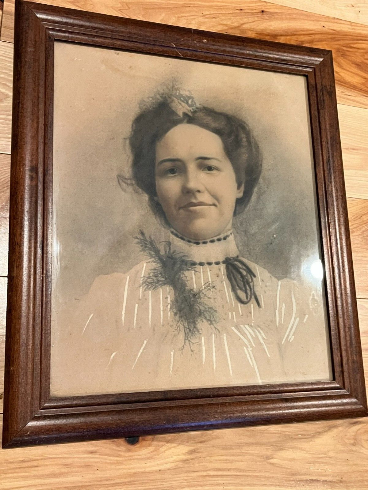 Victorian LARGE Ornate Wood Framed under glass Smiling Female Portrait Tinted ?