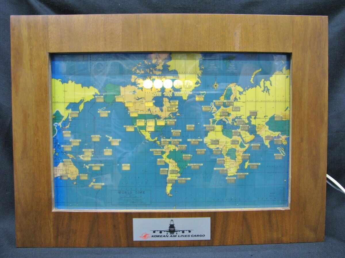 Rare 1959 Korean Airlines World Time Cargo Lighted Shadowbox Map / Clock