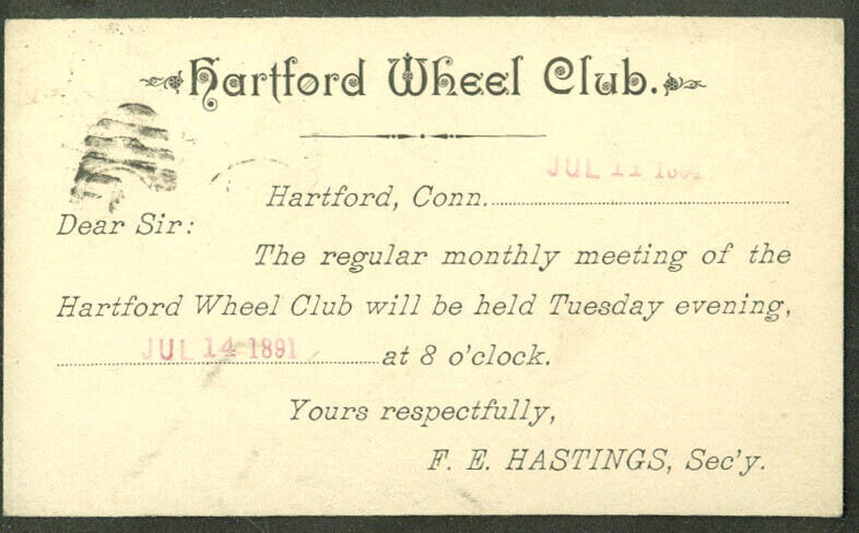 Hartford Wheel bicycle Club CT postal card re: Regular Meeting 7/11 1891