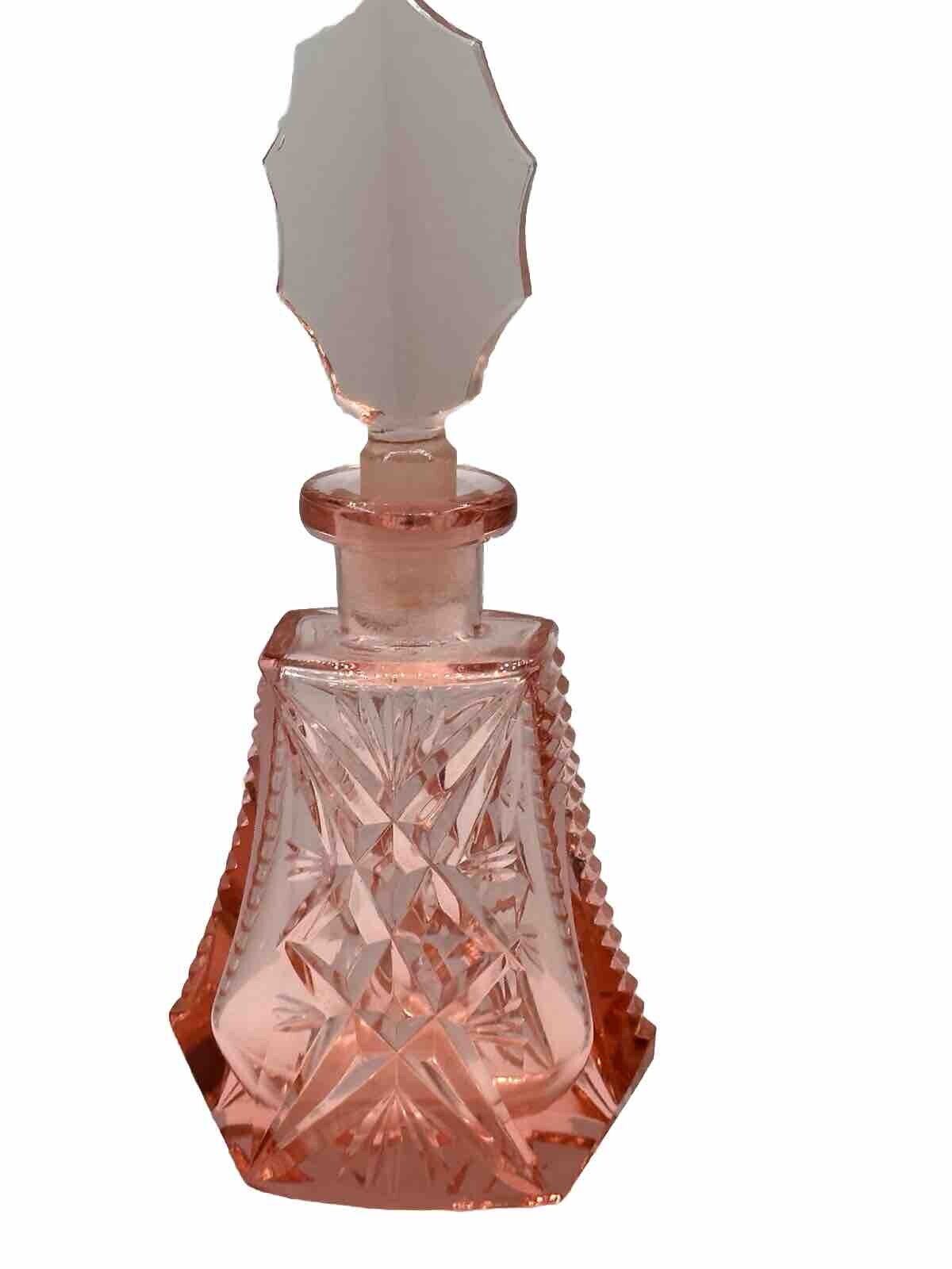 Vintage Pink Cut Pressed Art Glass Perfume Bottle With Stopper  4 Inch