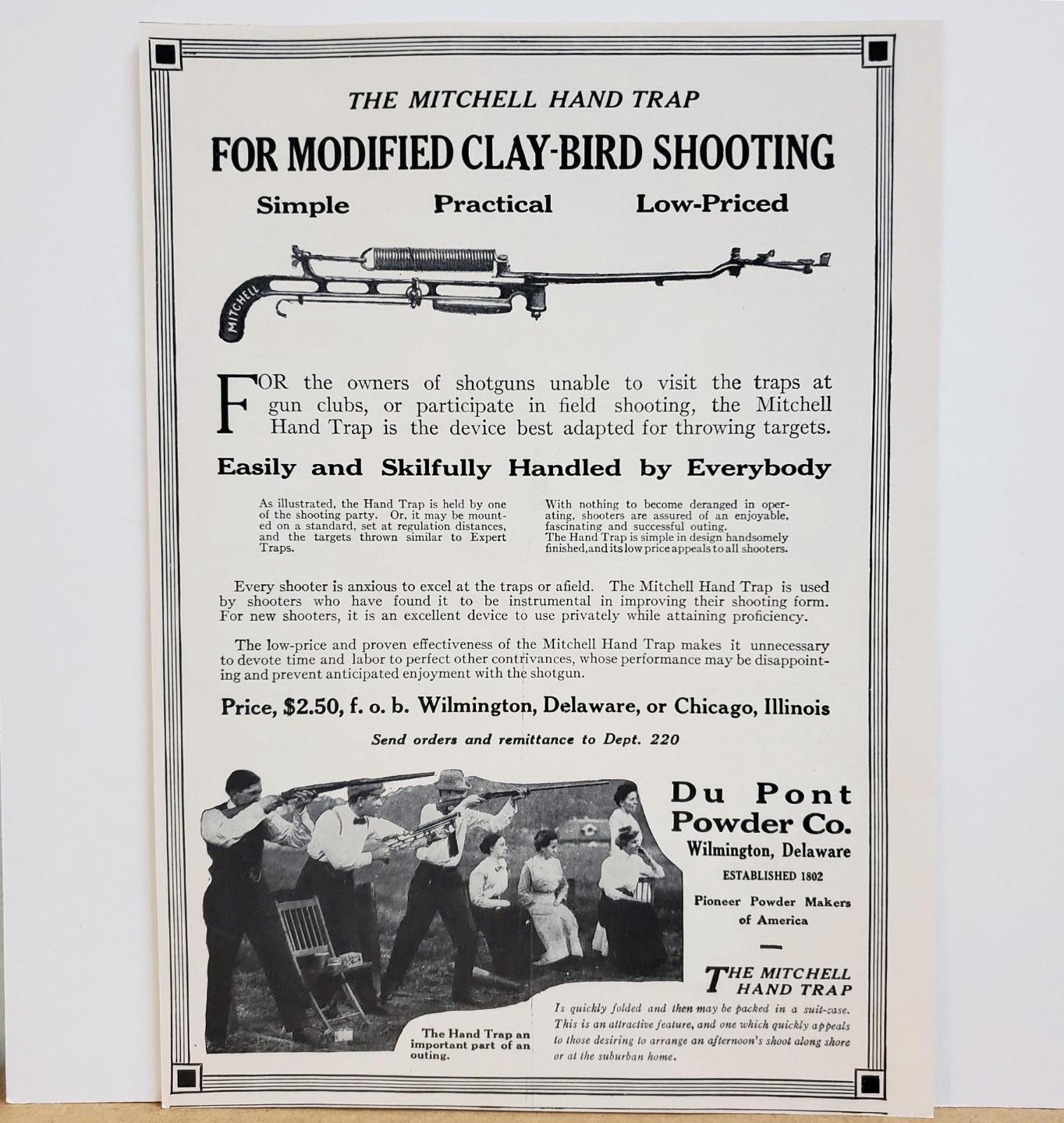 1913 Mitchell Hand Trap Clay-Bird Shooting Du Pont Powder Co Photo Print AD
