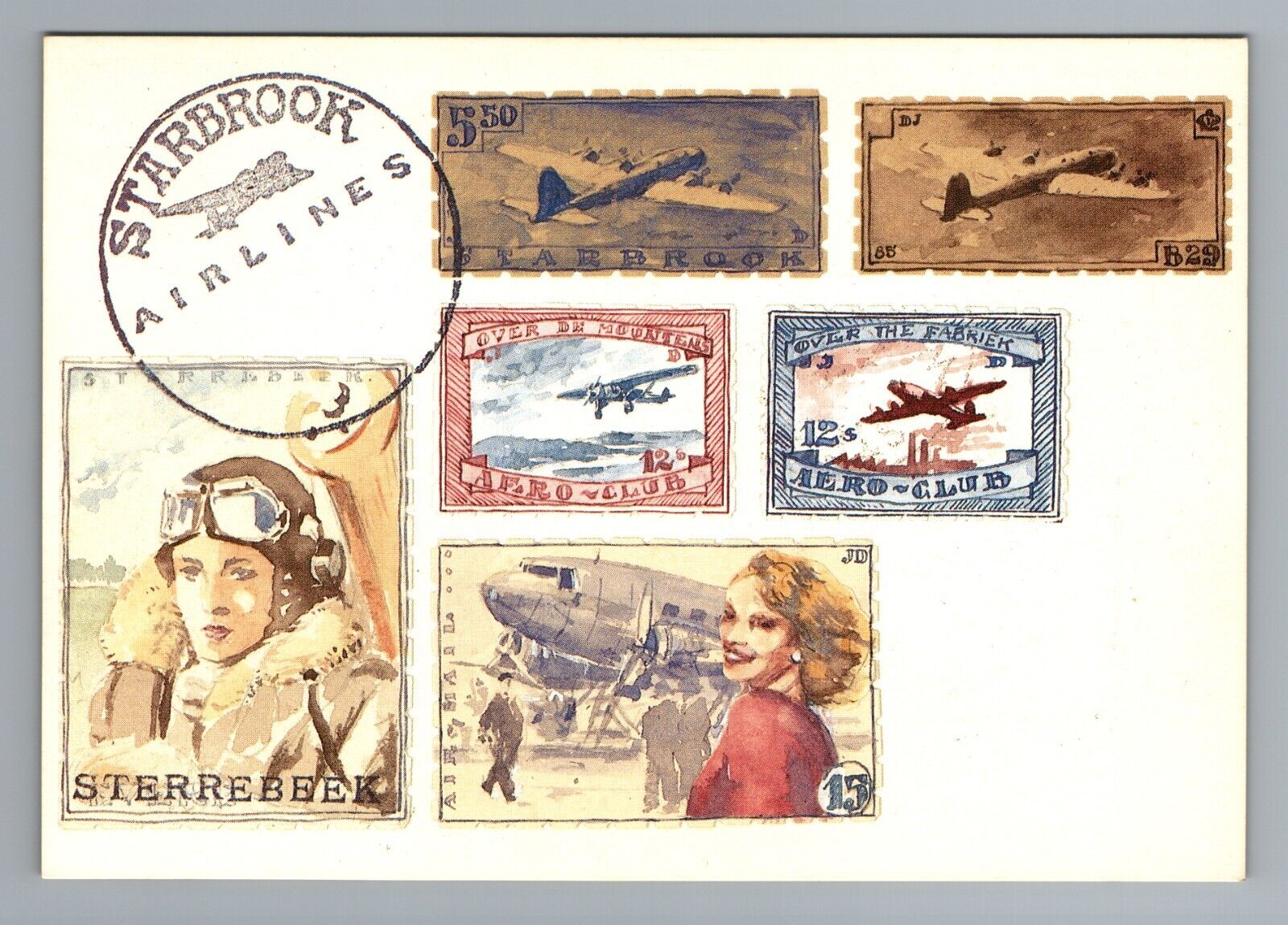 Vintage 1980s Jaak De Koninck Air Mail Stamp Art Postcard Plazier