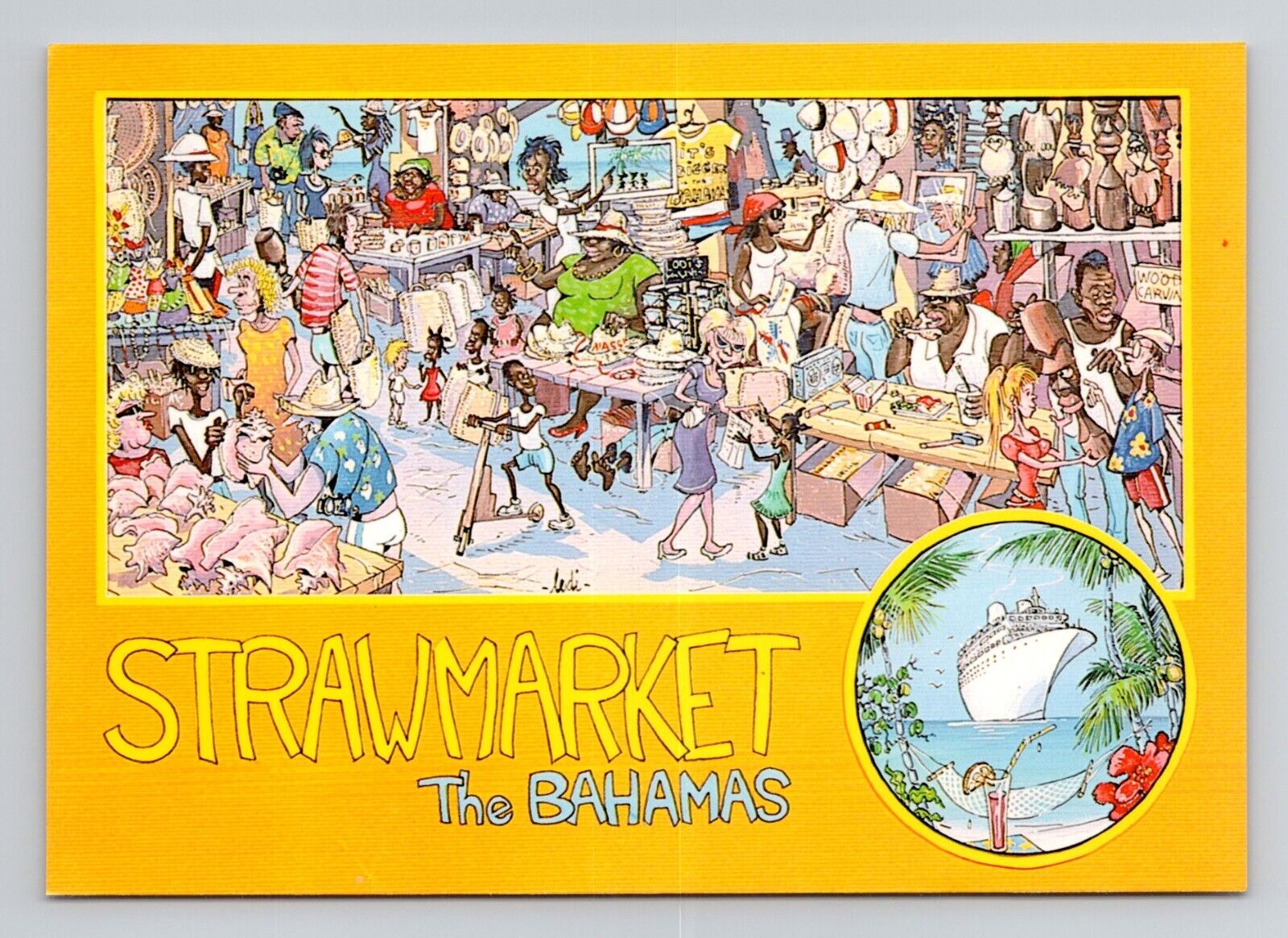 Postcard Strawmarket Bahamas Illustration Art by John Lodi, Retro O20
