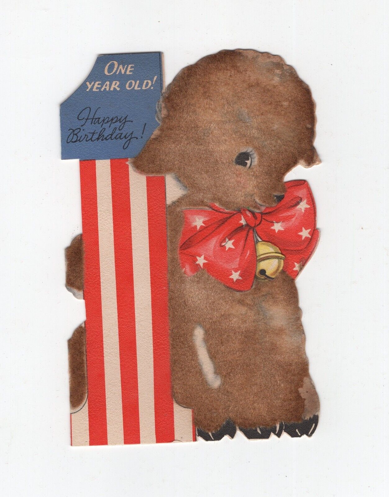 Hallmark Vintage Die Cut  Fuzzy little lamb with red bow and bell Birthday Card