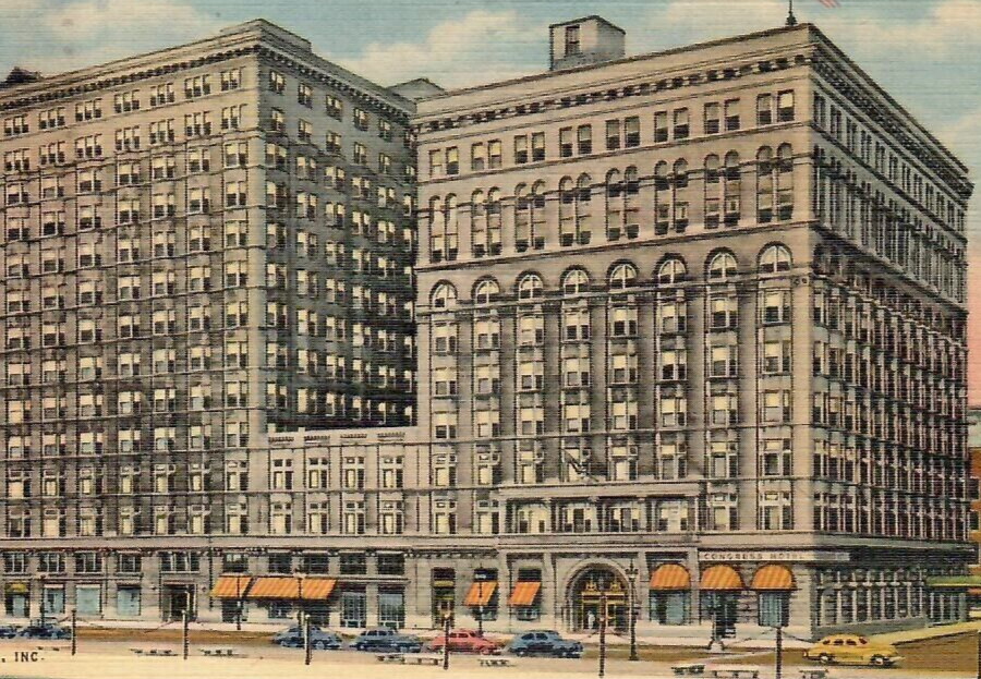 Vintage Linen Postcard Congress Hotel Building Chicago Illinois IL Street View