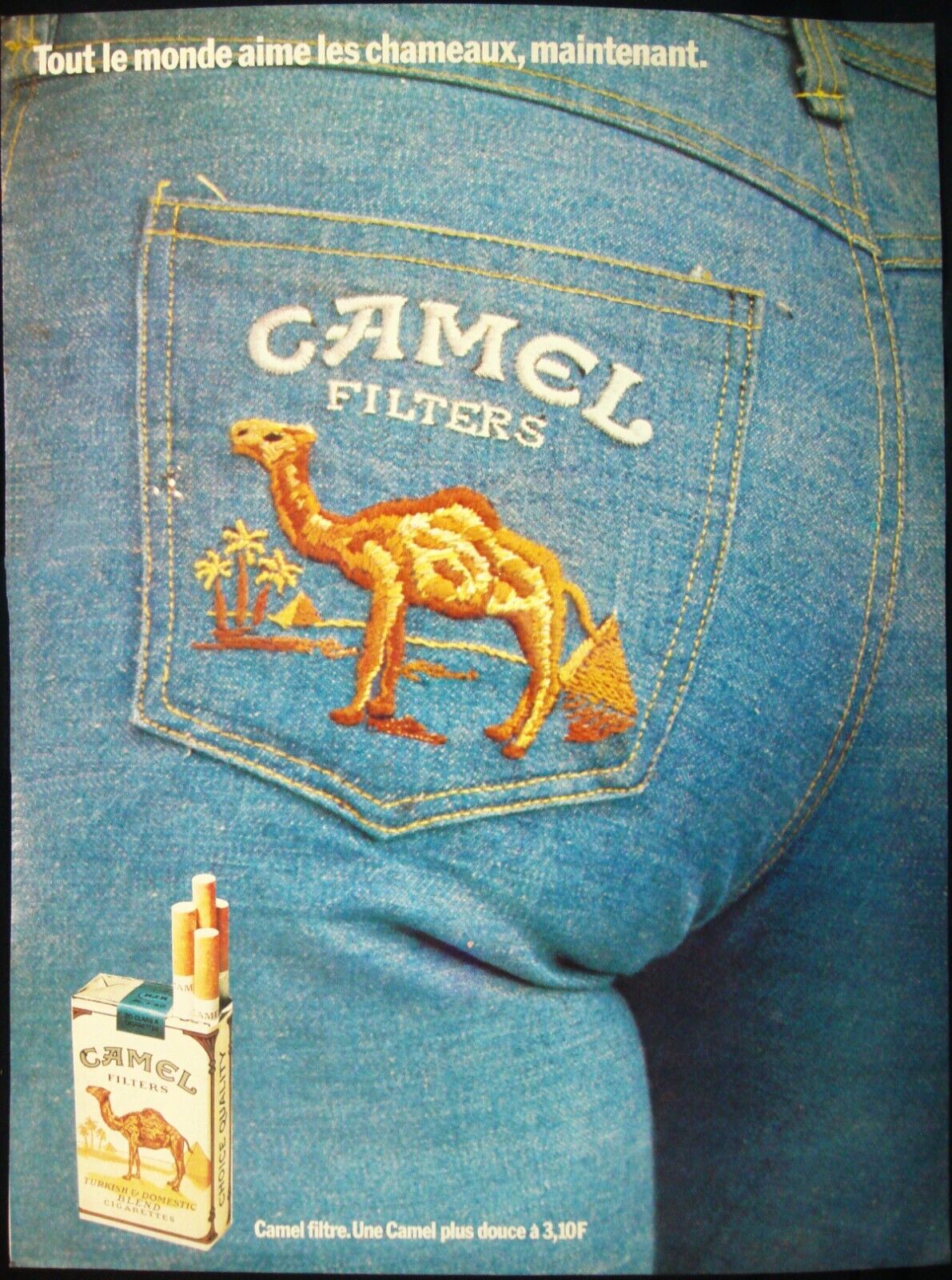 CAMEL CIGARETTE - RARE VINTAGE 1970\'S FRENCH MAGAZINE PAGE AD - PATCH ON JEANS