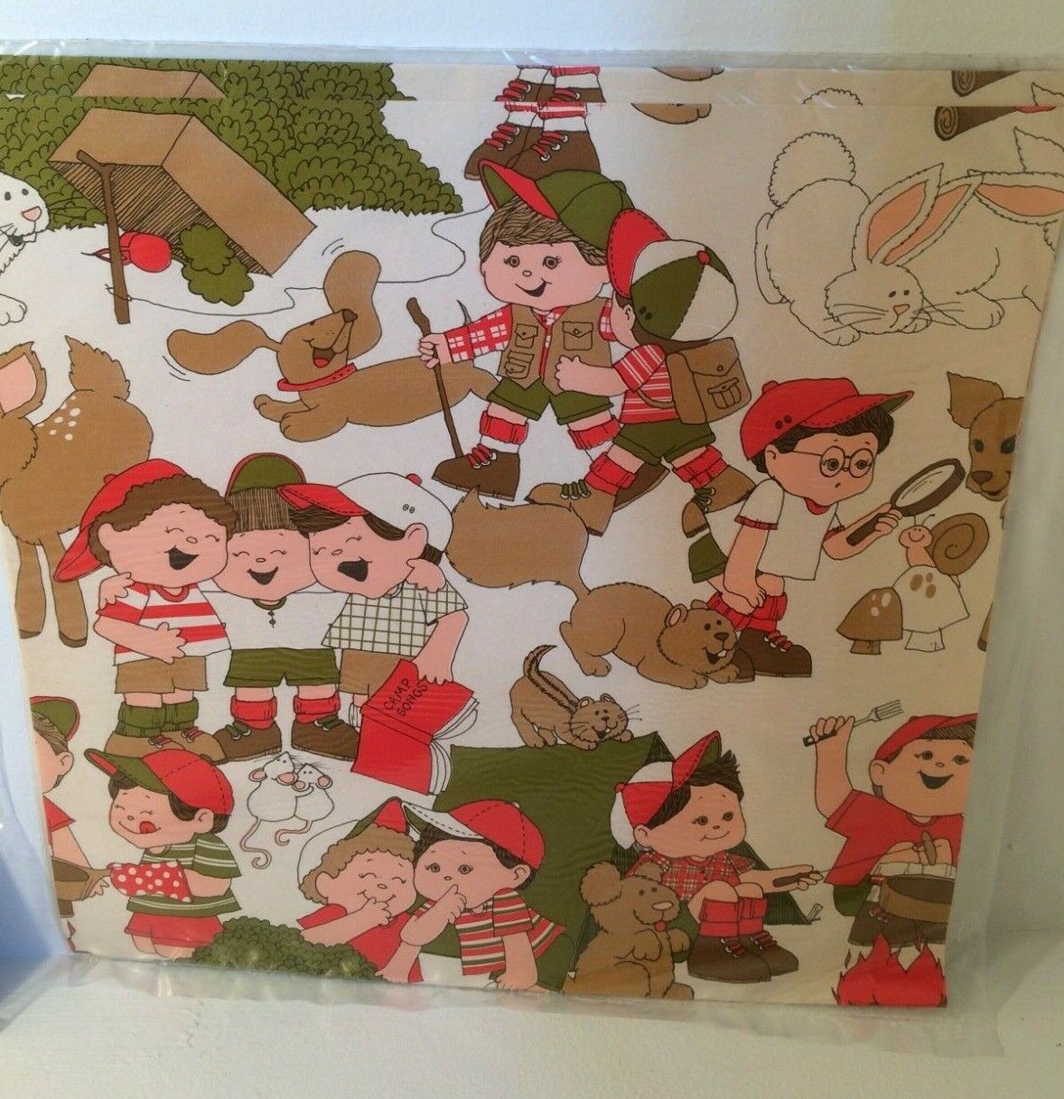 NOS 1970\'s Vintage Gift Wrap Paper Boys Camping Dog Tents Nature Scouts