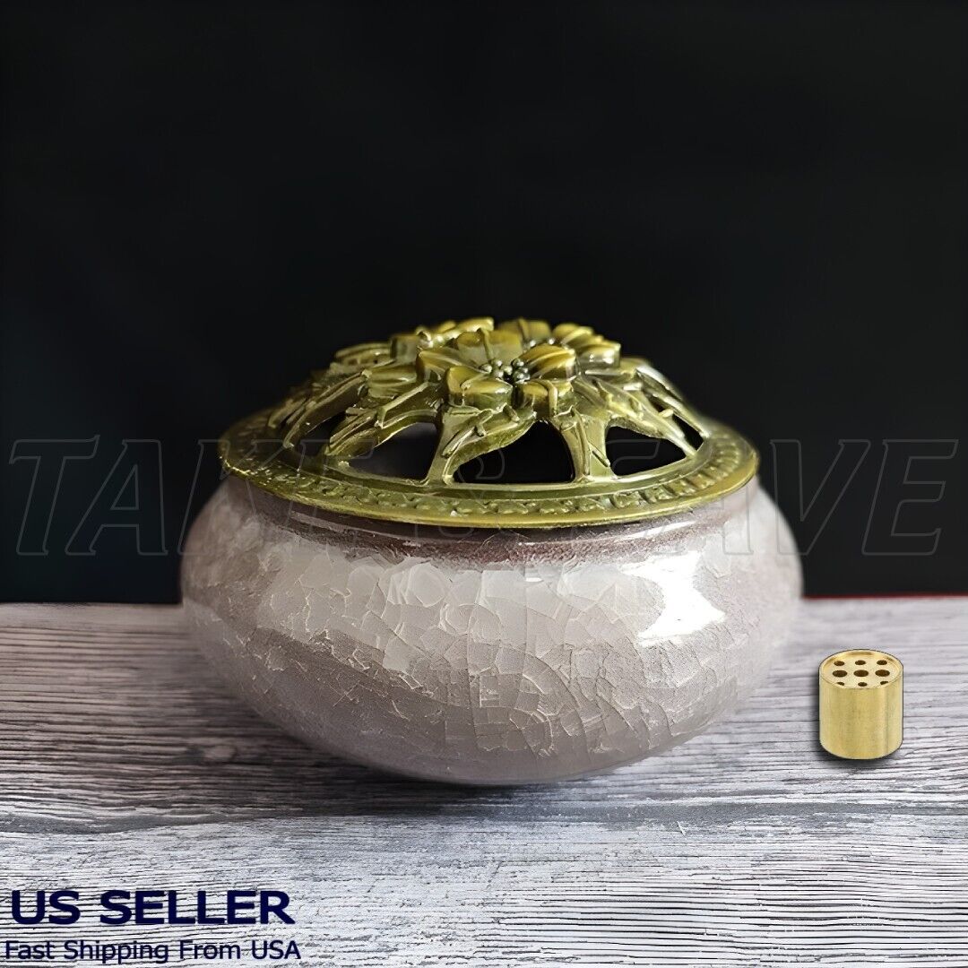 Ceramic incense burner with Metal Flower lid & Brass Stick Holder Grey Zen Yoga