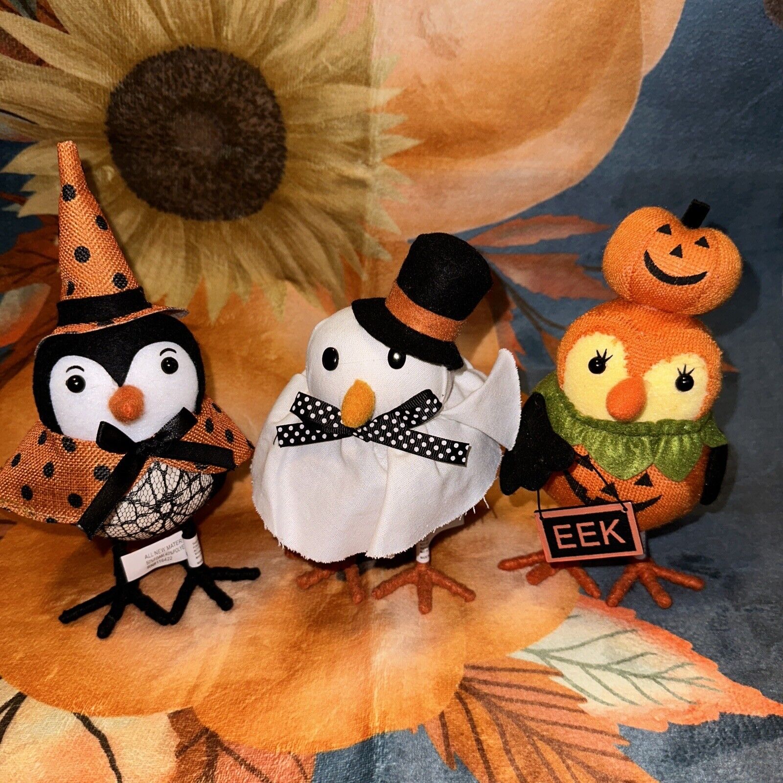 Set of 3 Featherly Fabric Birds Halloween Witch Ghost Pumpkin New Seasonal