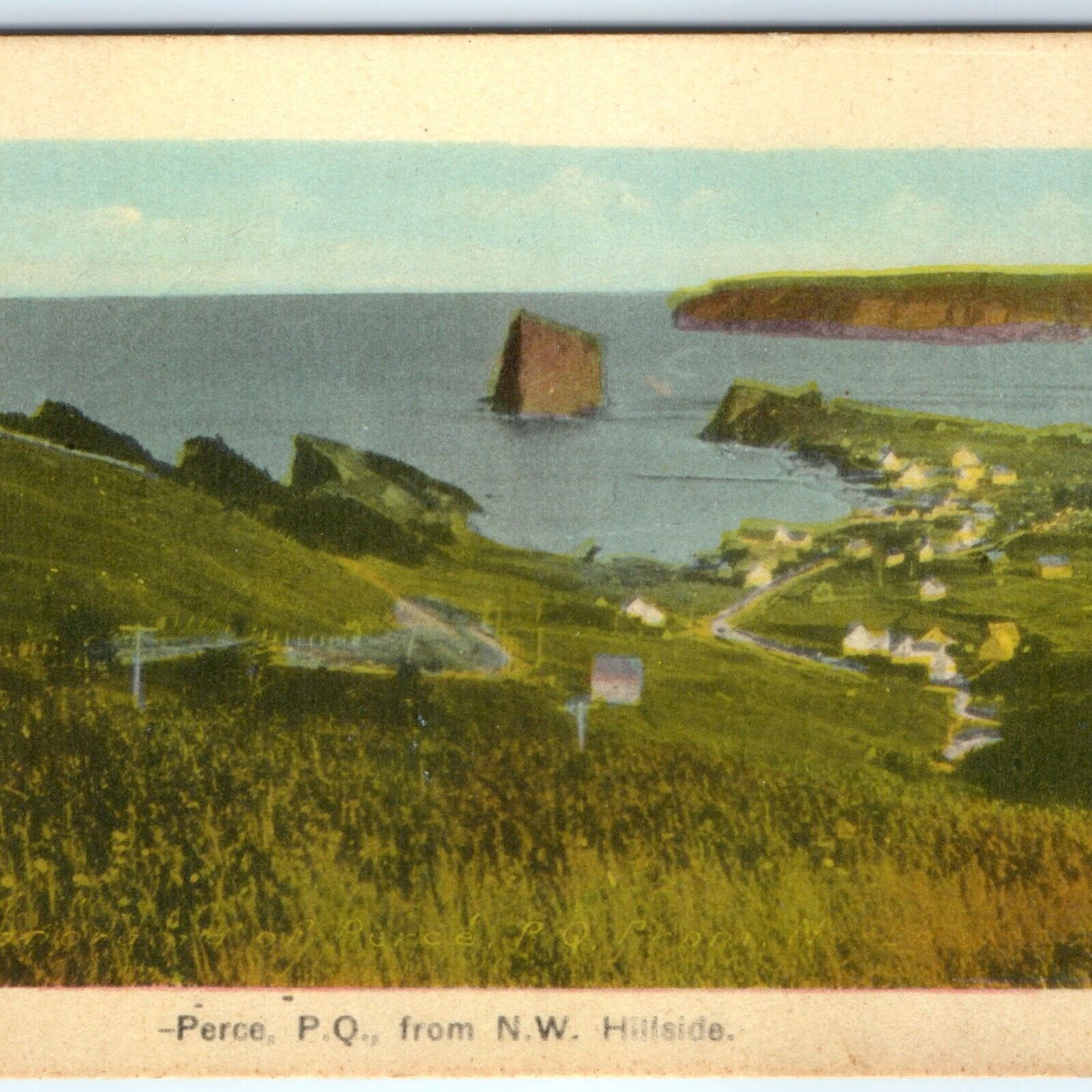 c1910s Perce, Gaspé Peninsula, Quebec Canada NW Hillside Litho Trade Card C34