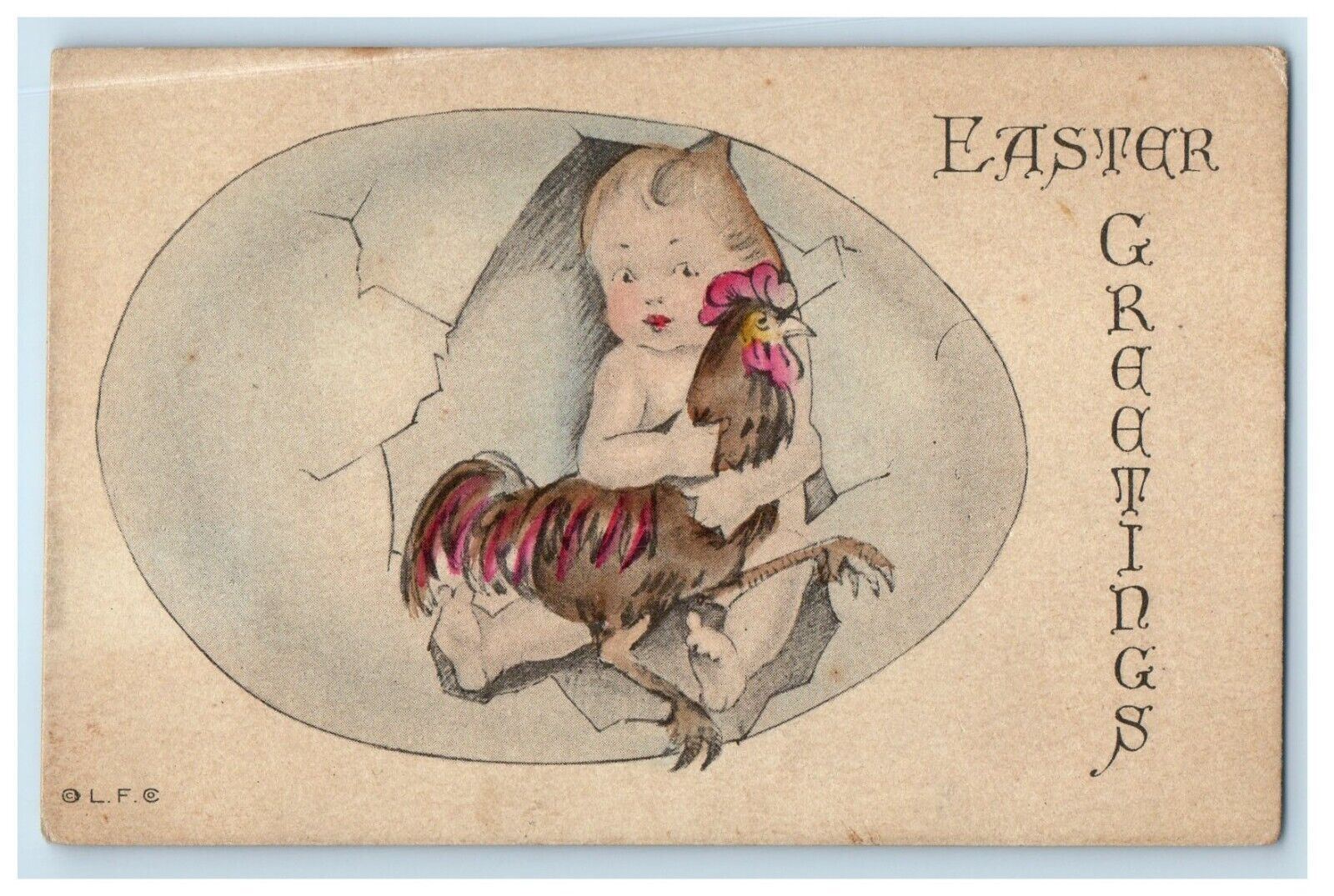 c1910\'s Easter Greetings Baby In Giant Egg Rooster Chicken Hen Antique Postcard