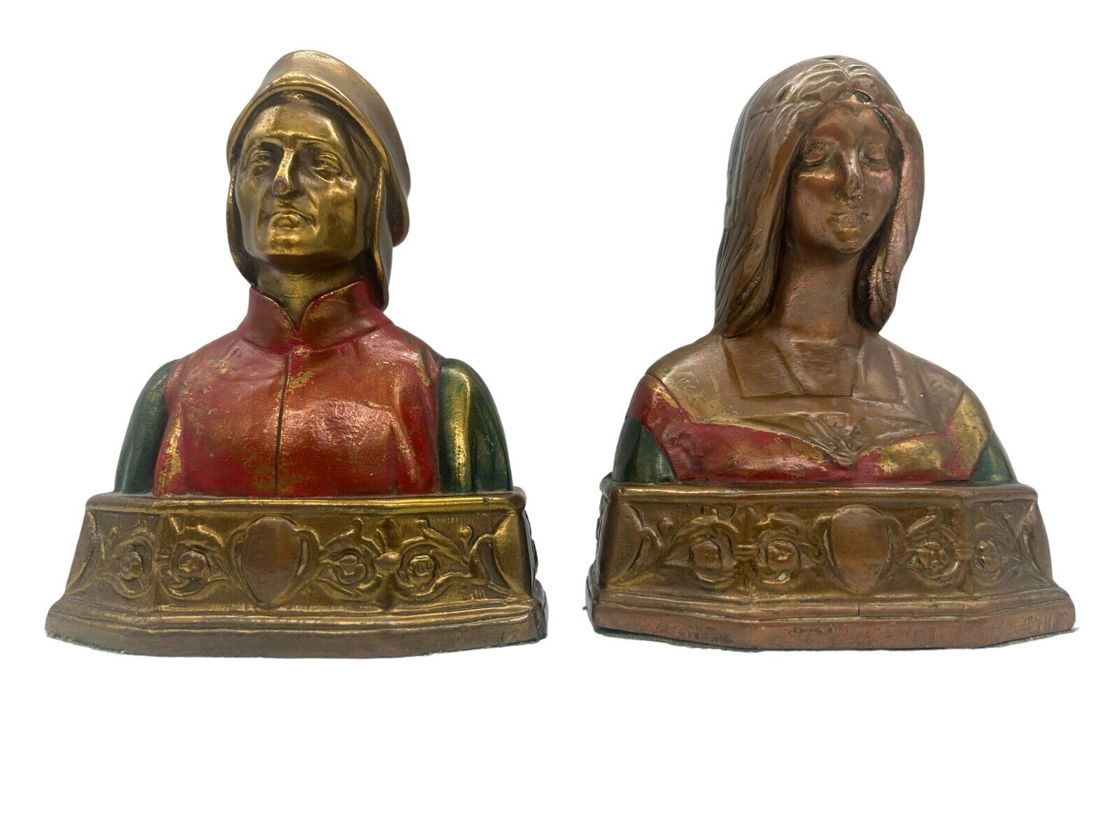 Vintage Dante & Beatrice Pompeian Bronze Bookends Approximately 7 inch tall.