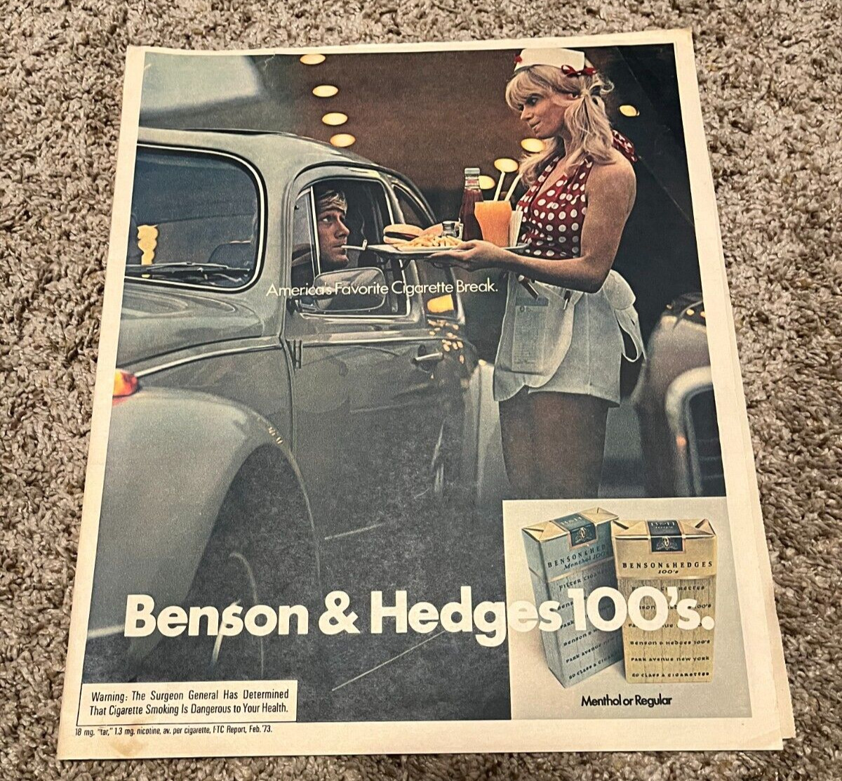 1973 Benson & Hedges 100's Cigarettes Volkswagen Bug Newspaper Print Ad
