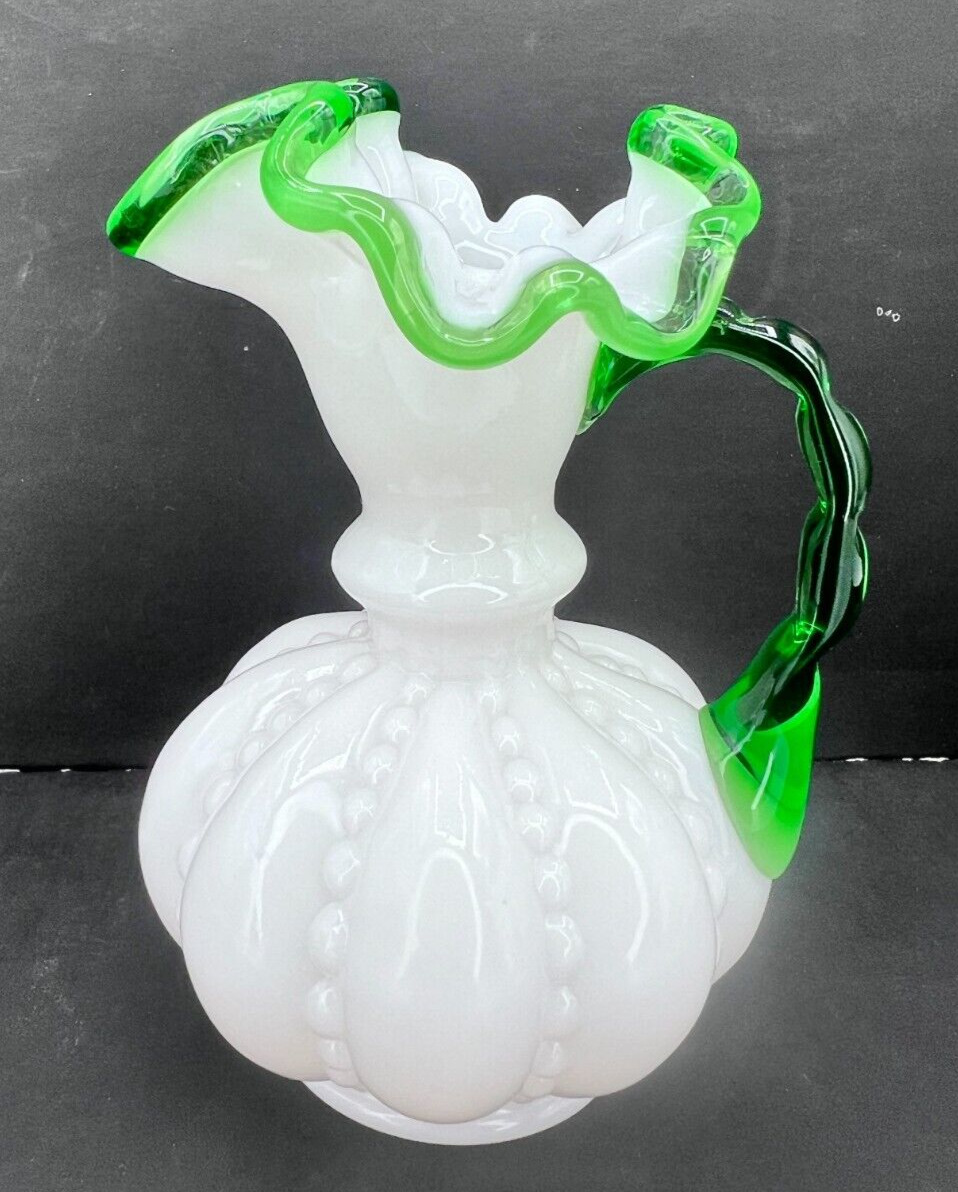 Fenton Emerald Crest Melon Pitcher Vase with Rare Green Handle ca 1950s