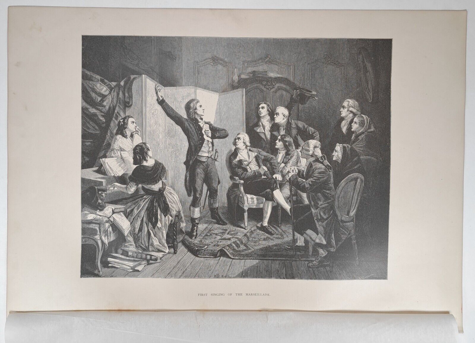 1876 Victorian Art Engraving, First Singing of The Marseillaise, French Anthem