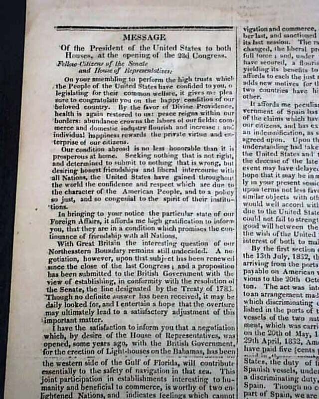 Best ANDREW JACKSON State of the Union Address 1833 Washington D.C. Newspaper   