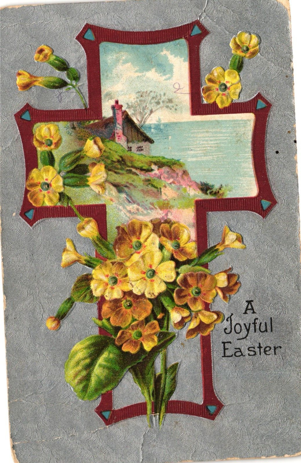 Easter Cross Flowers House Seaside Posted 1909 Embossed Antique Postcard