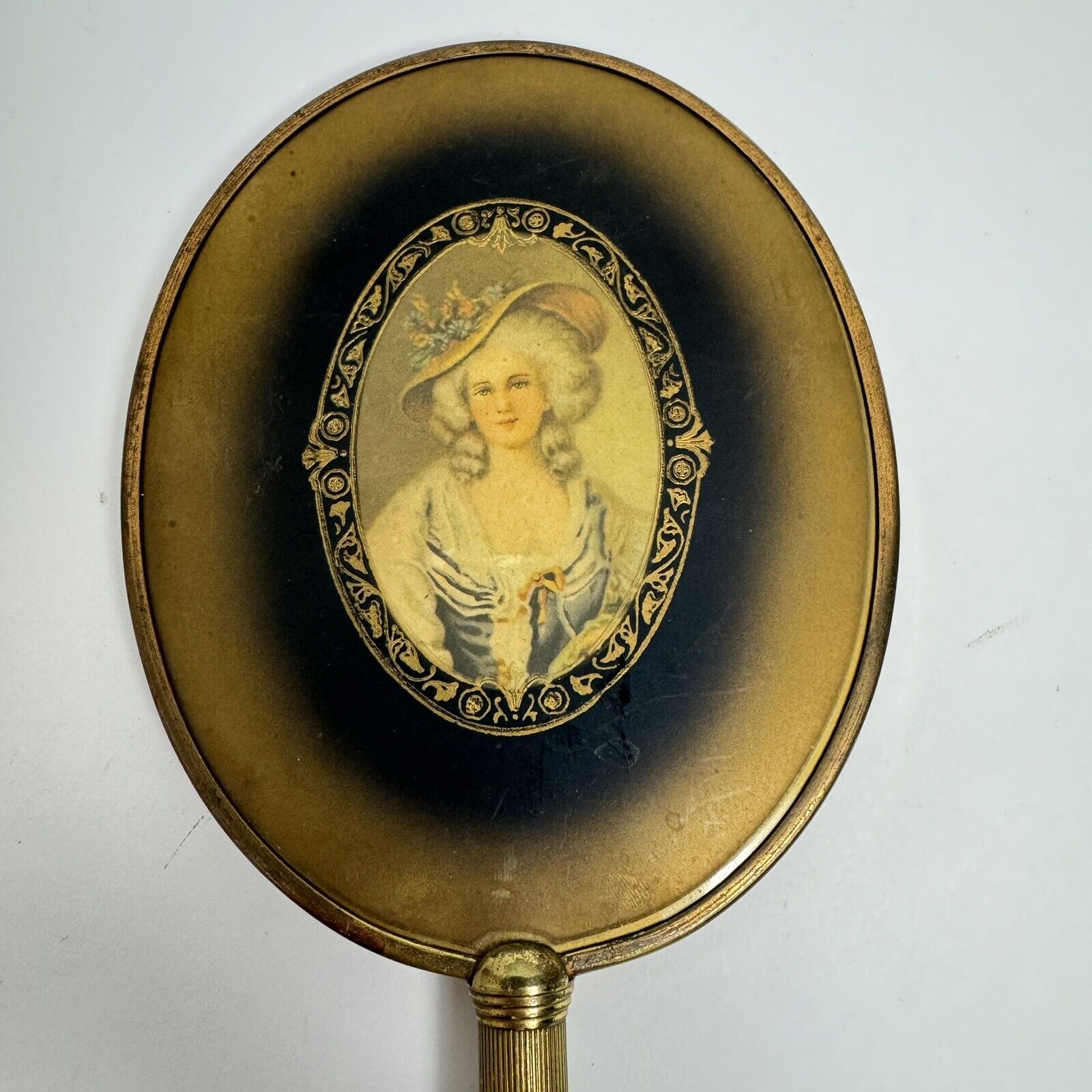 VTG Hand Mirrior With Victorian Lady Portrait, 6” Oval, Beveled Glass, Metal