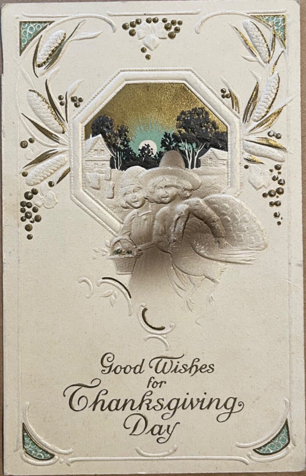 Thanksgiving Pilgrims Sunrise Embossed Blank Back Antique Postcard  c1910