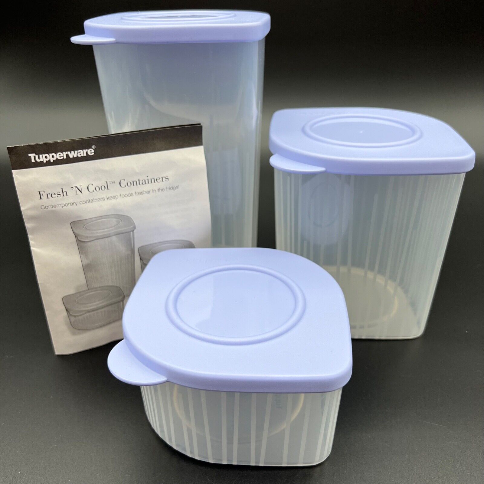 NOS Tupperware FRESH N COOL Set/3 Sm Med & Lg Keeper Containers w/ Purple Seals