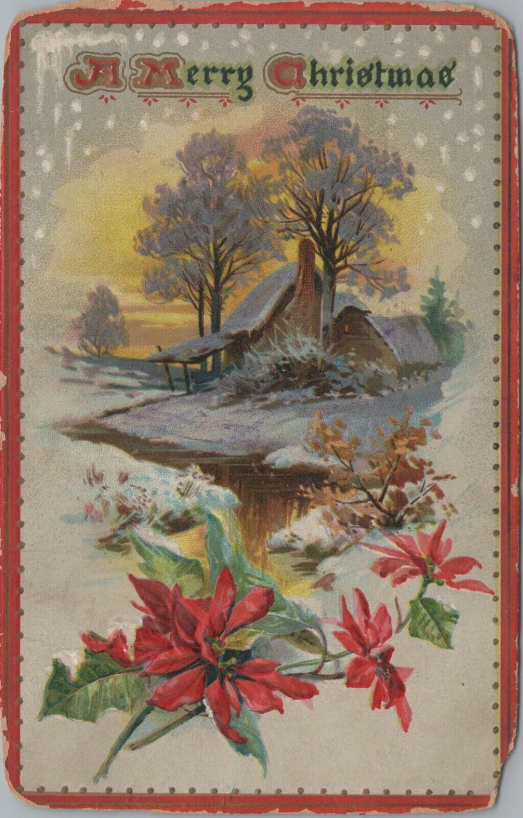 c1907 Tuck Christmas snow scene flowers \
