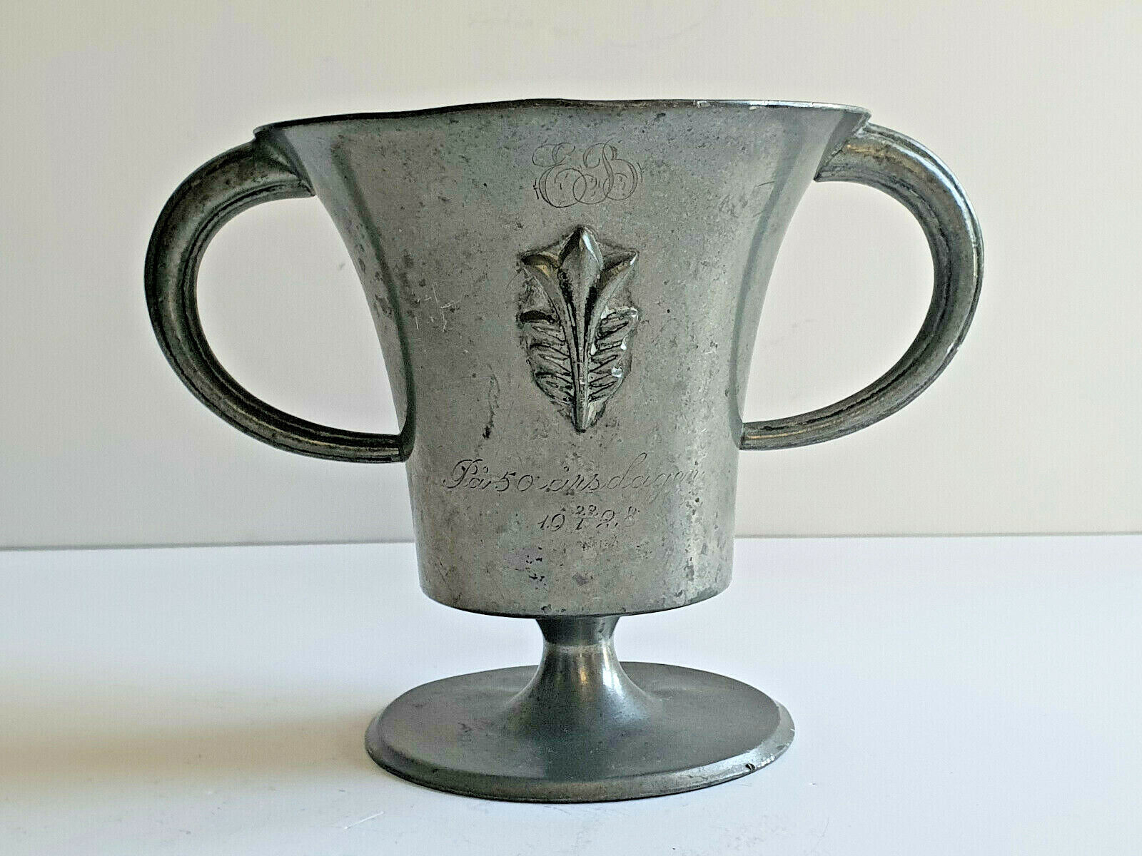 Antique Zinn Goblet, 1928, GAB Sweden TENN, Handled, Engraved, RARE
