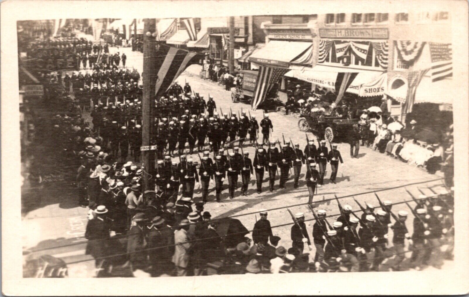 Real Photo Postcard Military Men Marching Parade Broadway San Diego California