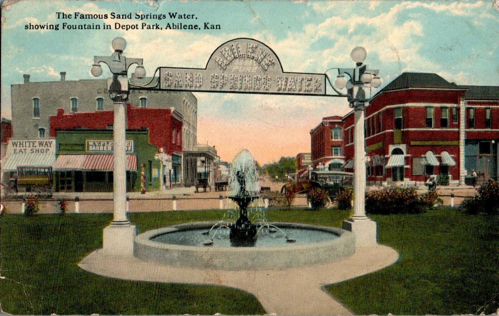Sand Springs Fountain, Depot Park, Abilene, KS 1914 Postcard