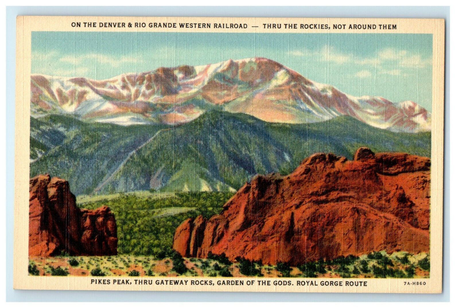c1930s Pikes Peak View, Garden of Gods, Royal Gorge Route Unposted Postcard