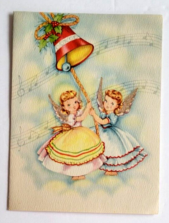 Vintage 1950s Angels Ringing a Bell Christmas Card Adorable