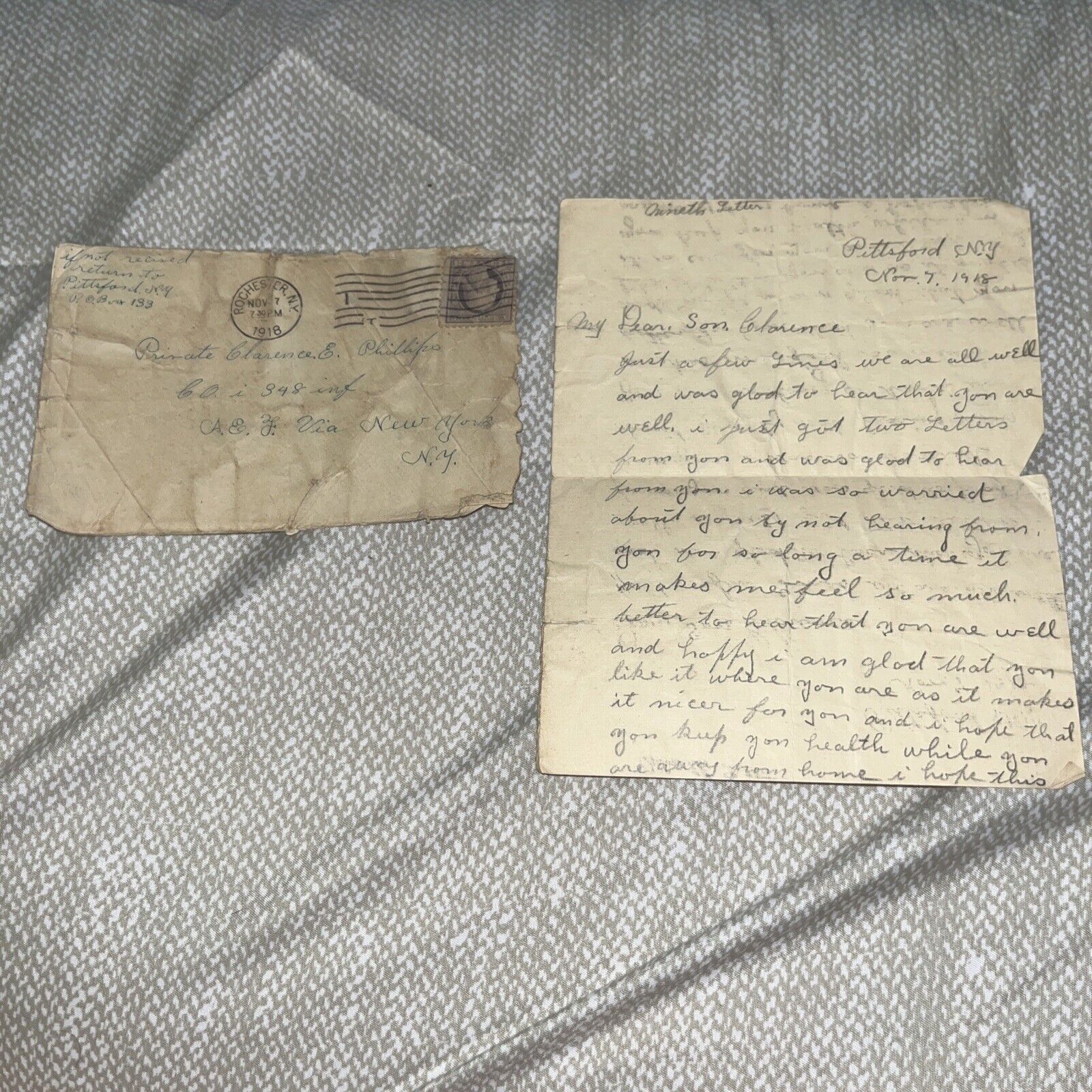 Antique 1918 Letter to WWI Private in 348 Infantry, 87th Division Pittsford NY