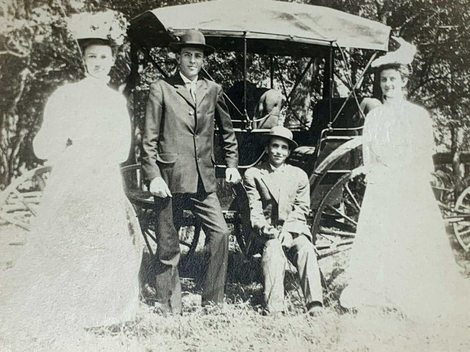 AgF) Found Photograph 2 Couples Posing Buggy Glowing White Dresses Exposure 
