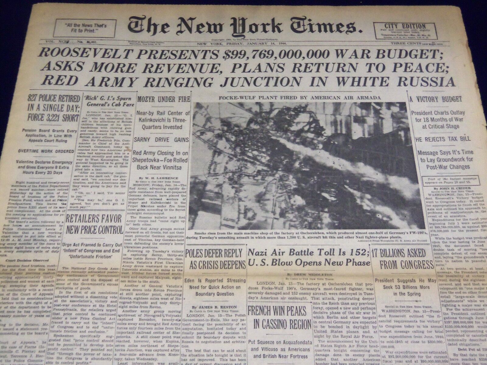 1944 JANUARY 14 NEW YORK TIMES - ROOSEVELT PRESENTS WAR BUDGET - NT 2389