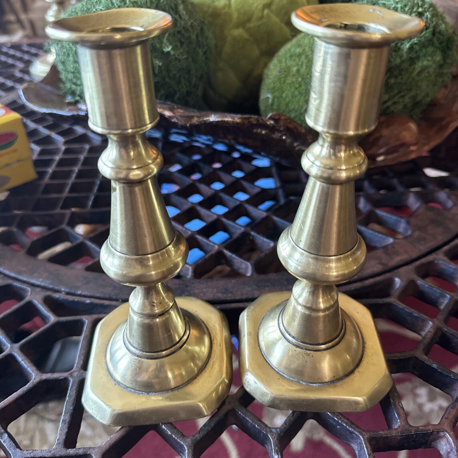 Antique (19th Century) Pair of English Solid Brass Pushup Candlesticks Works