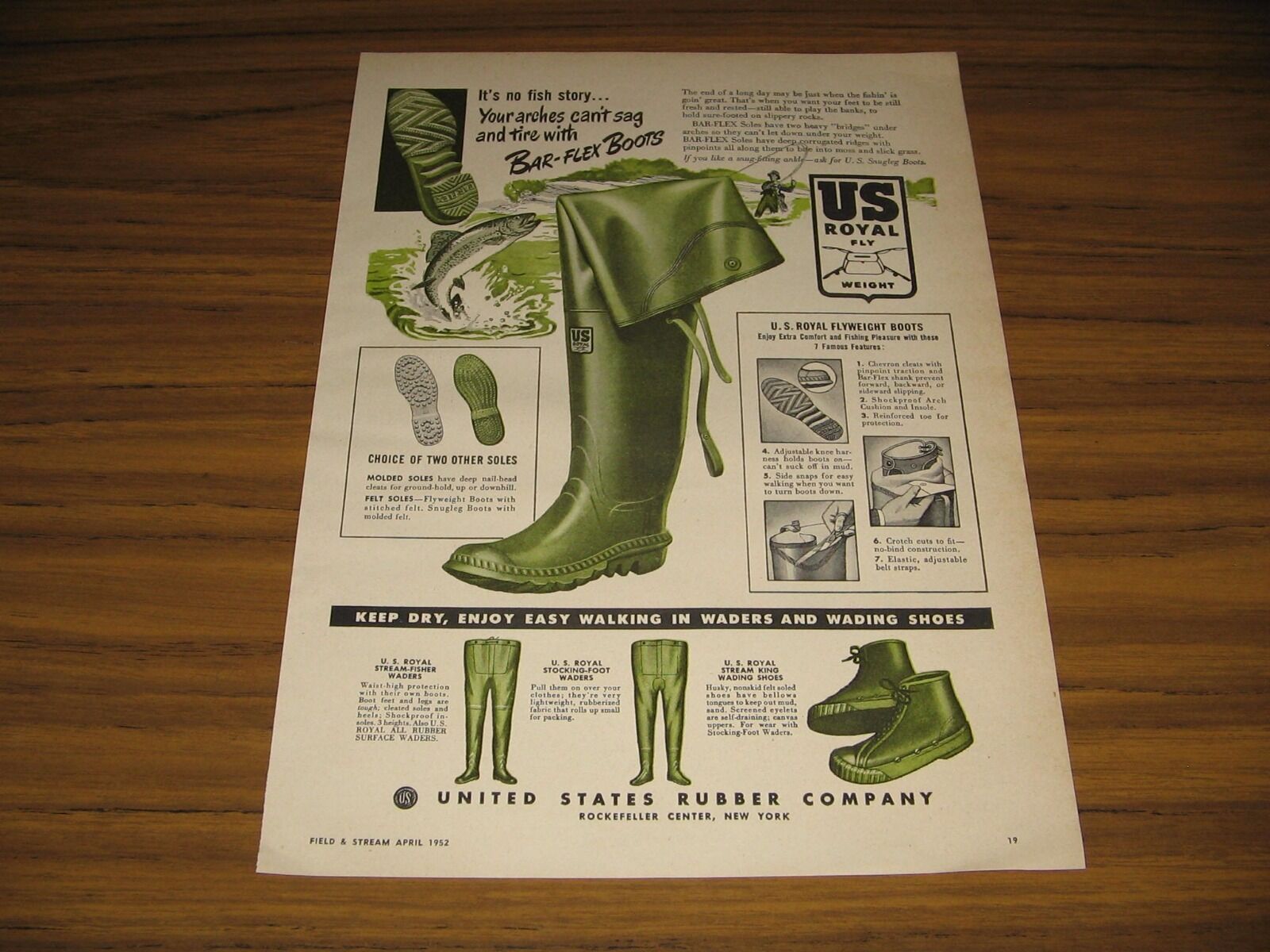 1952 Print Ad US Royal Bar-Flex Rubber Boots, Fishing Waders Rockefeller Center